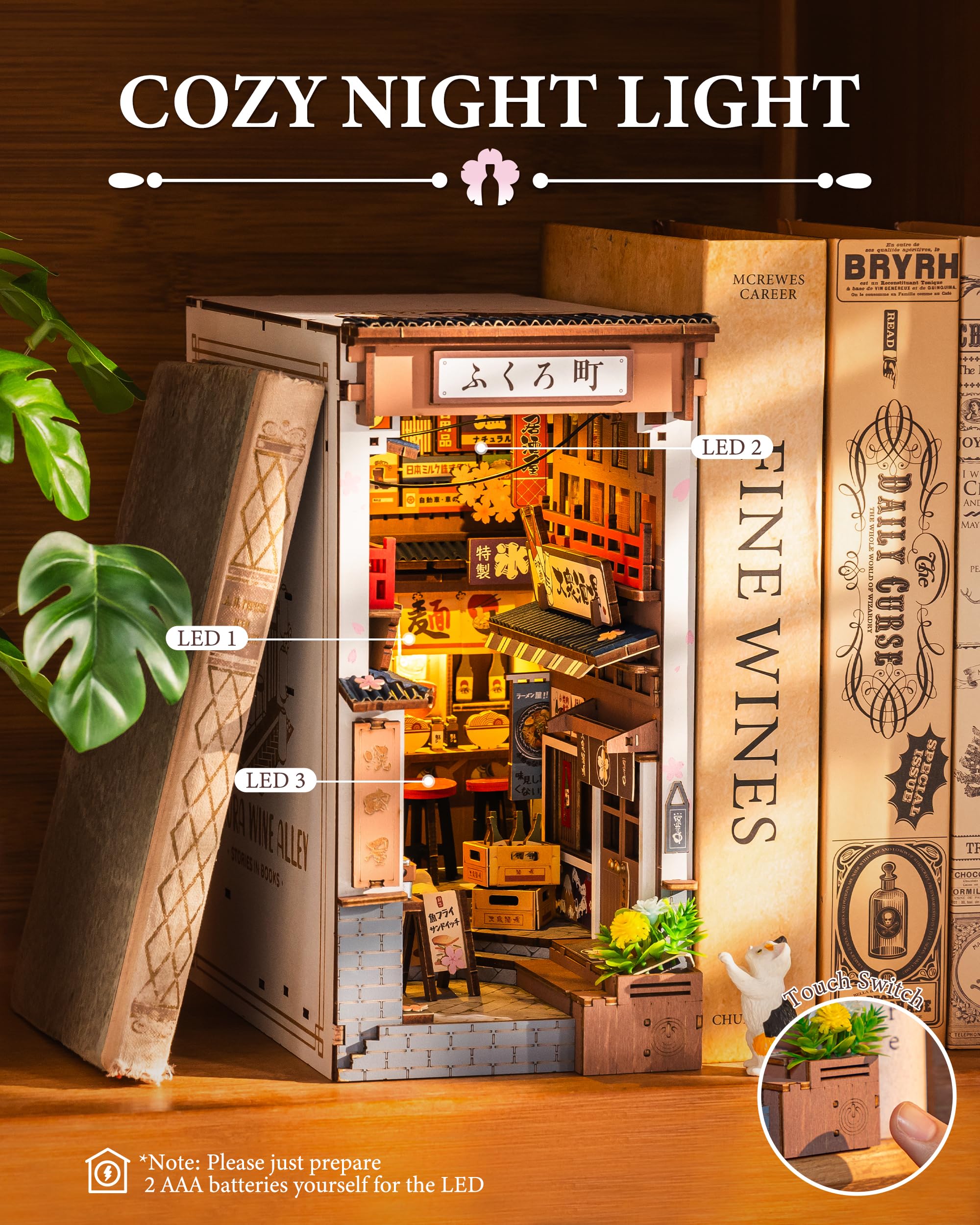 Rolife Book Nook Kit for Adults DIY Miniature Kit with Lights Sakura Wine Alley Booknook Model Kits for Adults to Build 3D Wooden Puzzle for Desk Library Bookshelf Decoration - Image 2