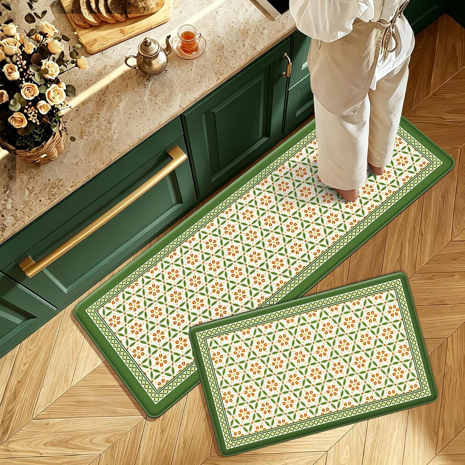 2PCS Vintage Anti-Fatigue Kitchen Mats, Cushioned Rug With Non-Slip Backing