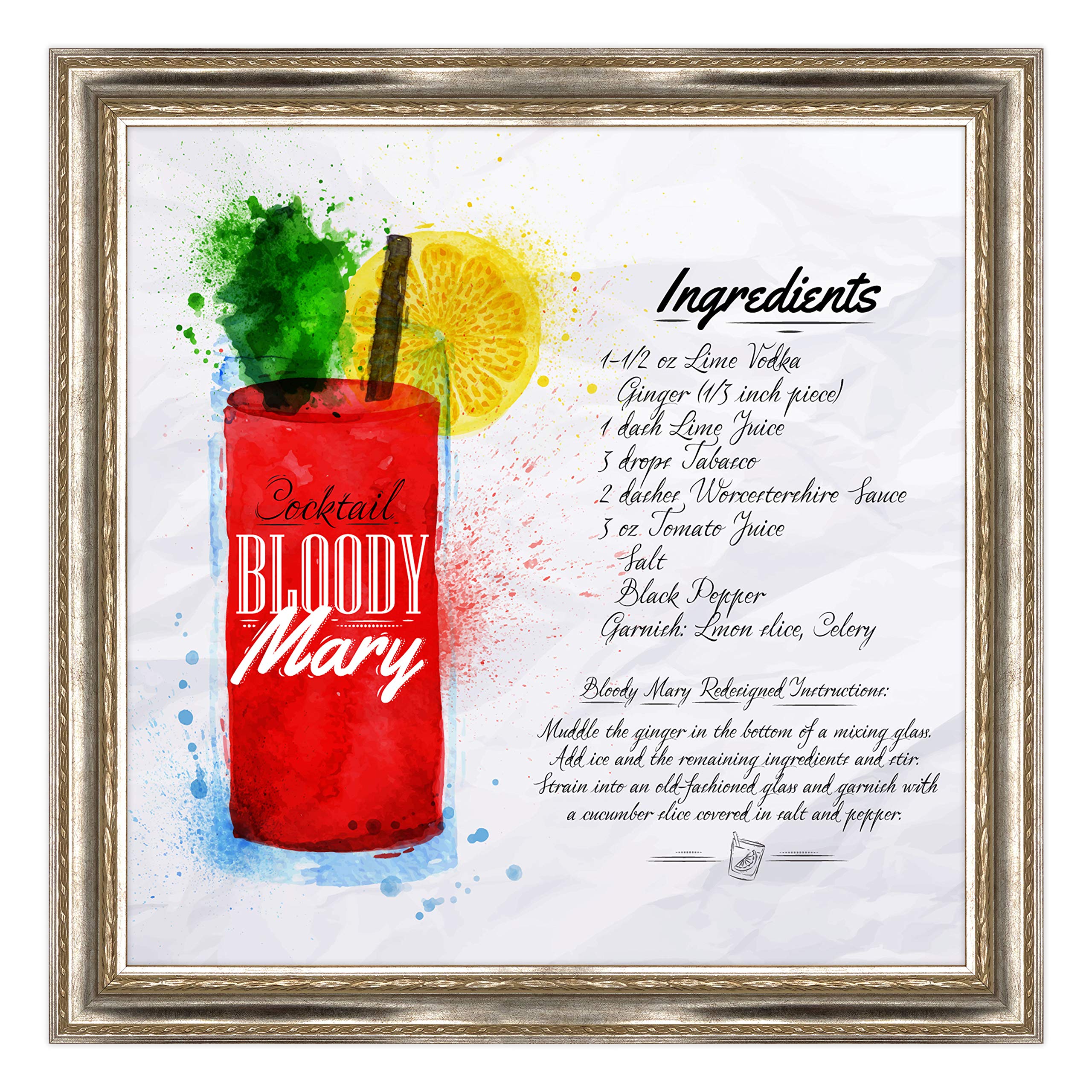 Poster e Stampa con Cornice Classica - Bloody Mary Cocktail - Design Arredamento Bar - 70x70cm - Classica Argento a Foglia
