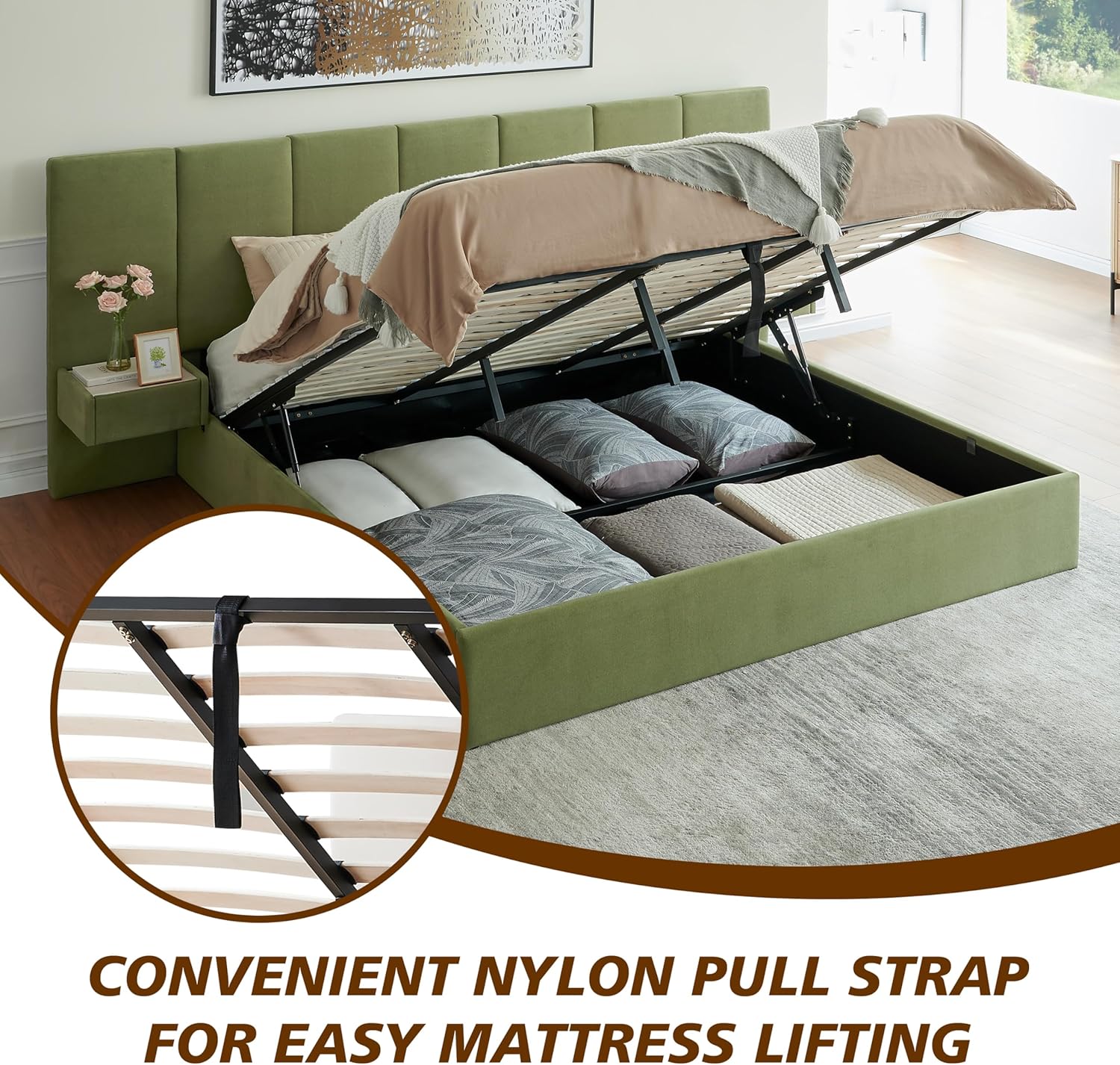 King Size Upholstered Platform Bed Frame with Lift-Up Storage, Velvet Headboard & Built-in Nightstands, No Box Spring Needed, Green