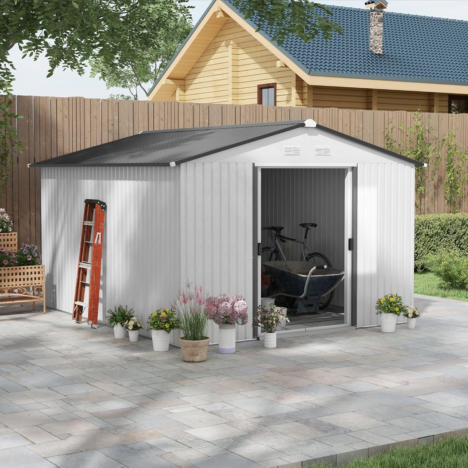 11ftx9ft Weatherproof Tool Storage Solution with Sliding Doors, Efficient Ventilation Holes, and Heavy-Duty Galvanized Material
