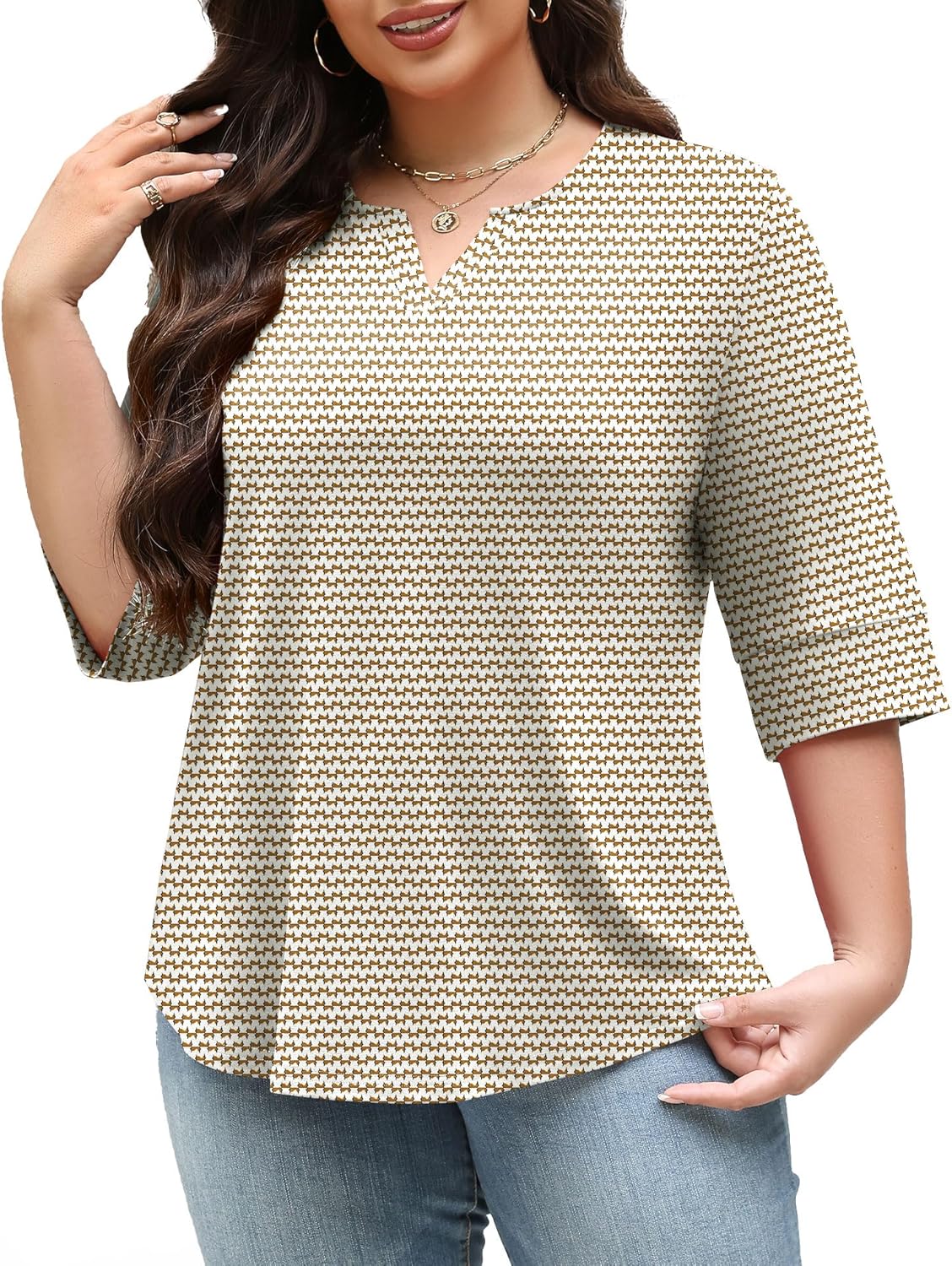 TFSDOD Plus Size Tops for Women V Neck T Shirt 3/4 Length Sleeve Blouse Dressy Casual Tee Loose Fit XL-5X - Image 2