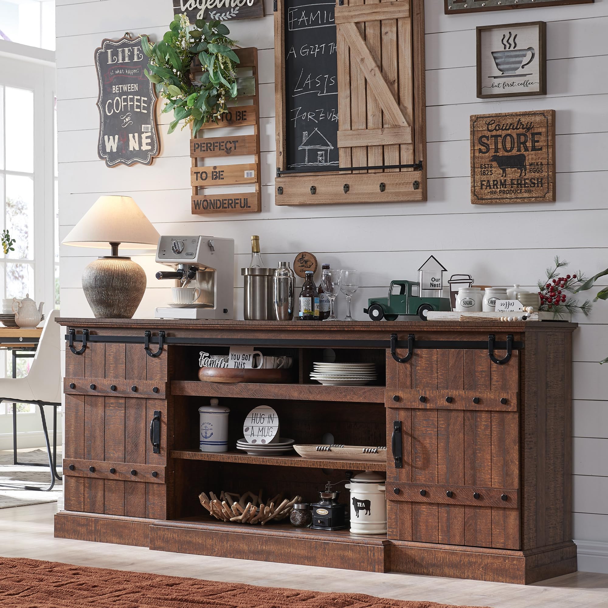 OKD 75" Sideboard Buffet Cabinet with Storage, Farmhouse TV Stand w/Sliding Barn Door, Rustic Long Coffee Bar, Large Buffet Table for Dining Room, Kitchen and Living Room, Reclaimed Barnwood