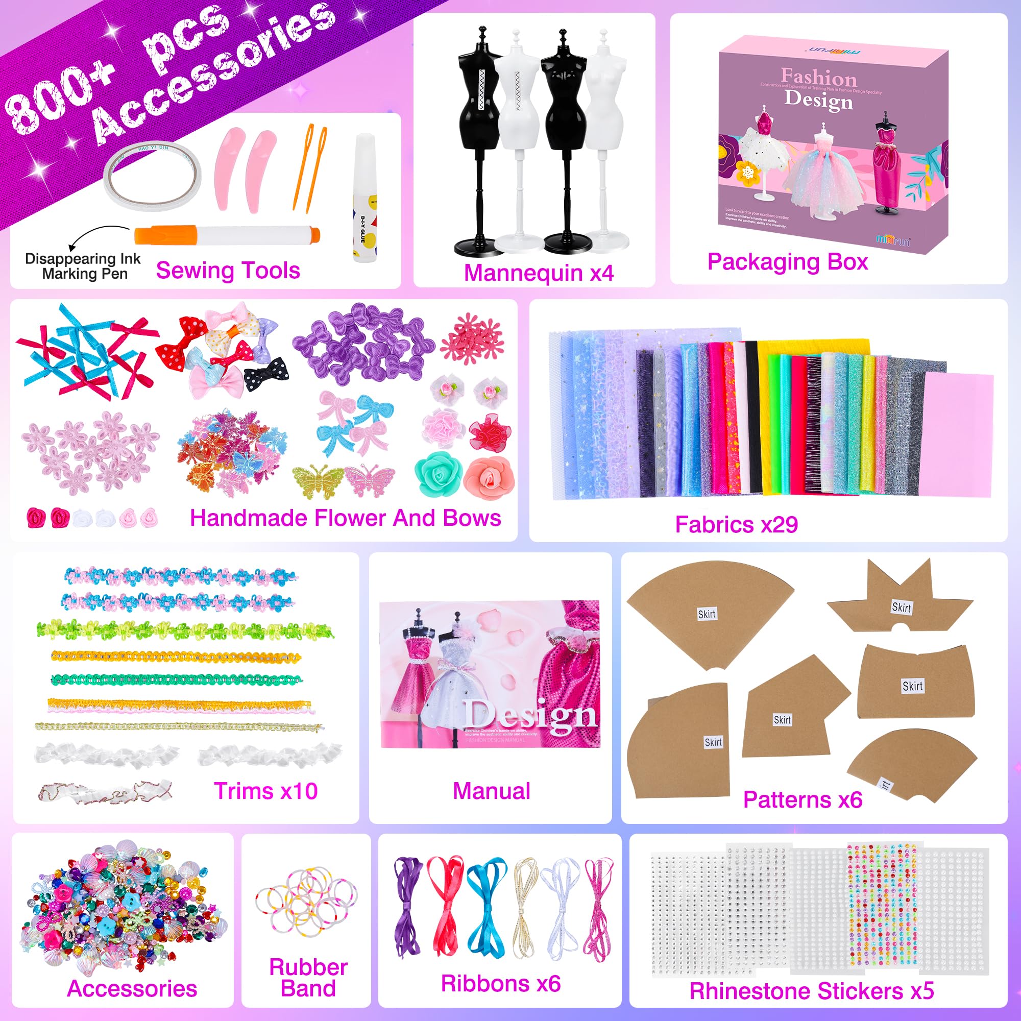 Kit de diseño de moda para niñas, kit de costura con 4 maniquíes, kit de manualidades y manualidades para niños, kit de fabricación de ropa de muñecas, juguetes para niñas de 6, 7, 8, 9, 10, 3