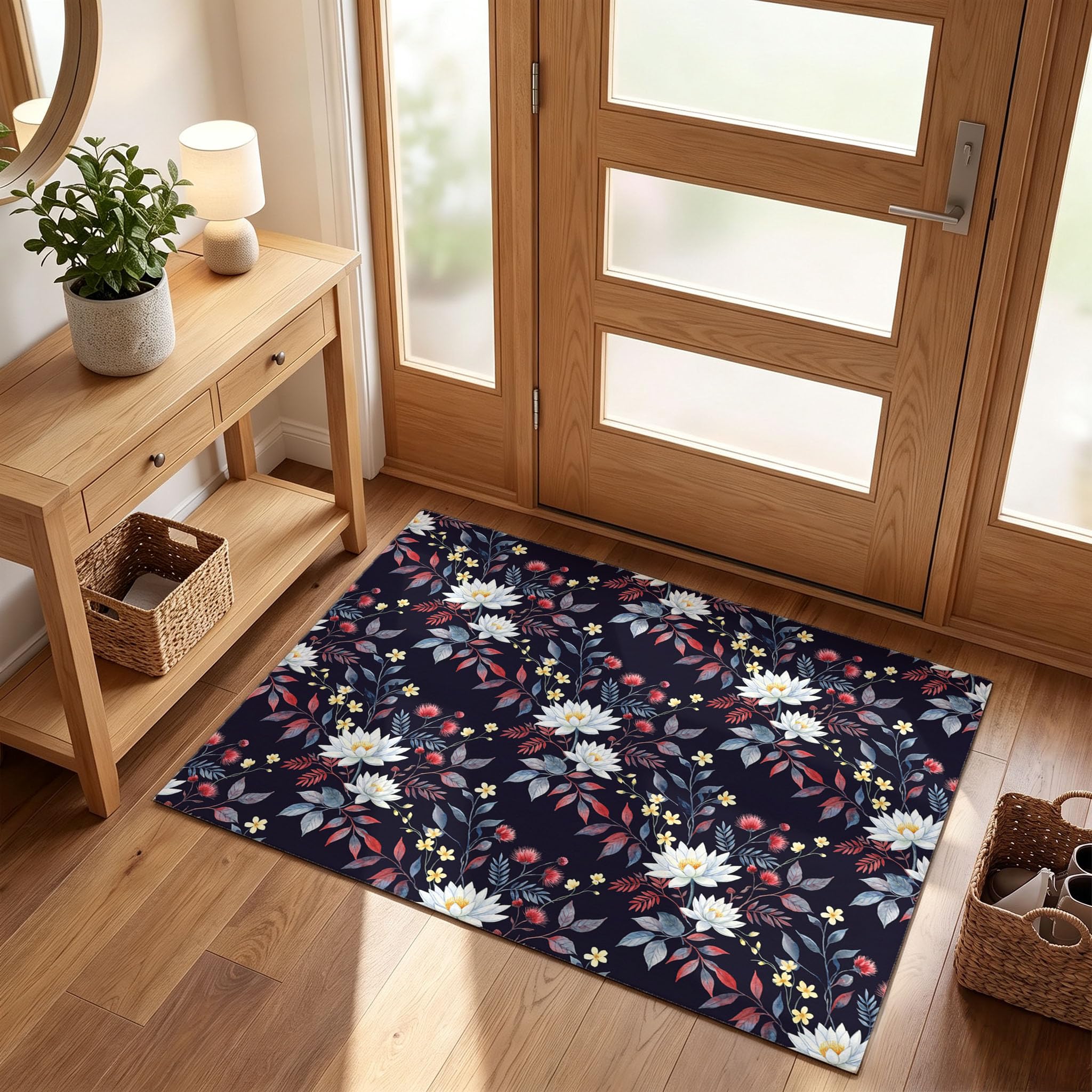 Bleu Foncé Fleurs Aquarellespaillasson Durable Et Antidérapant Retient L’Eau Et Les Saletés Facile À Nettoyerpaillasson Interieur80X120 Cm Tapis D'Entrée Antidérapant