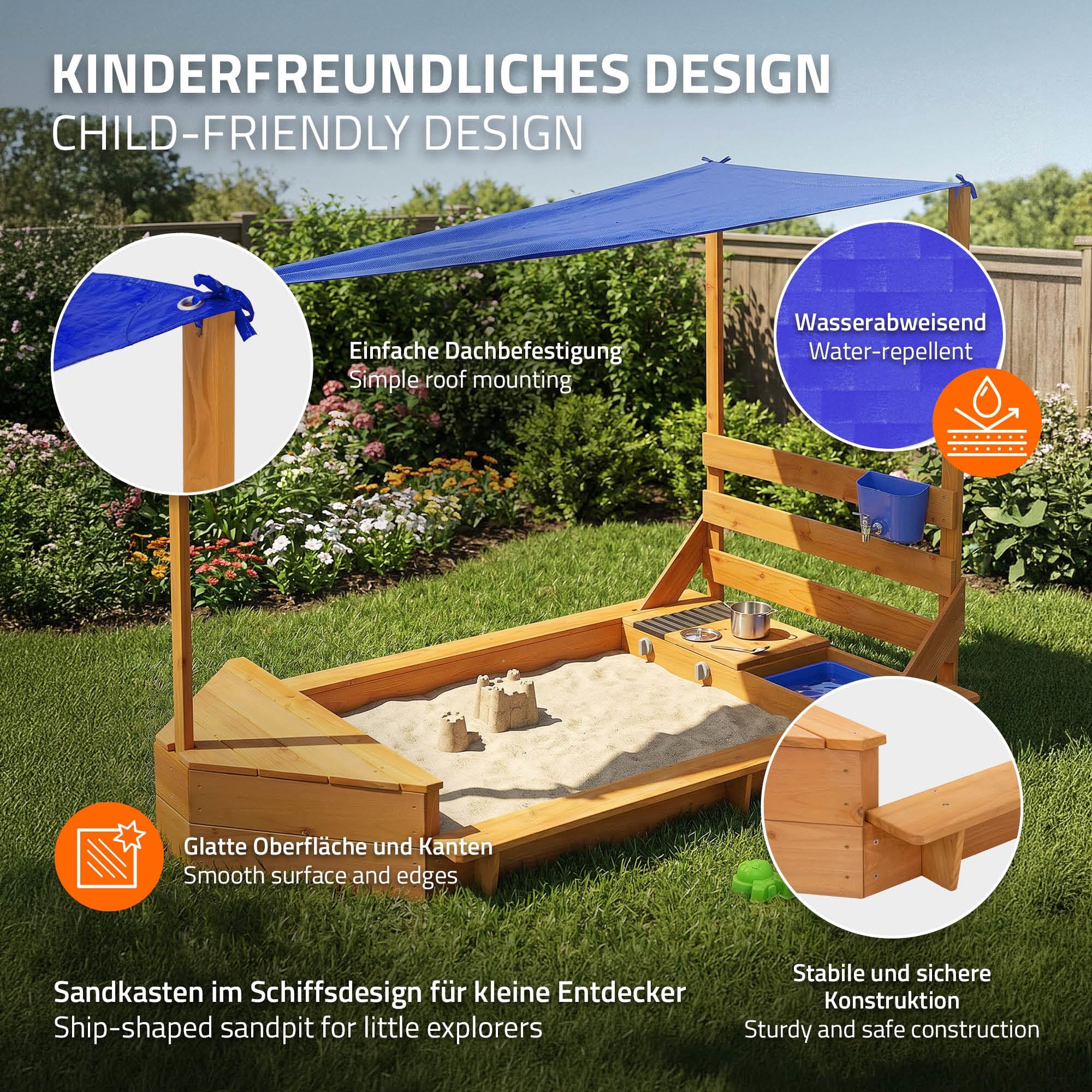 ML-Design Sabbiera Bambini con Tetto, Forma di Nave, Sabbionaia da Esterno in Legno Massiccio, 2 Panchine, Cucina e Accessori, Protezione dai Raggi UV e Bordi Sicuri, Giochi da Giardino 101x163 cm