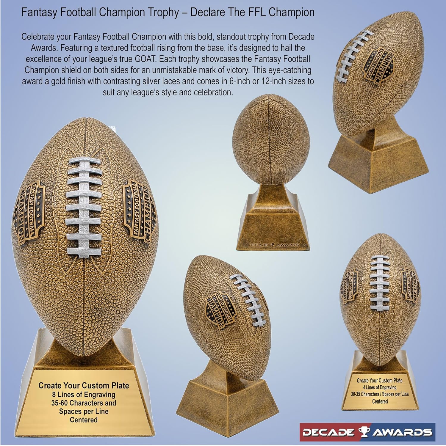 Decade Awards Fantasy Football Champion Trophy, Gold or Silver / 6 or 12 Inch Tall - Engraved Plate on Request