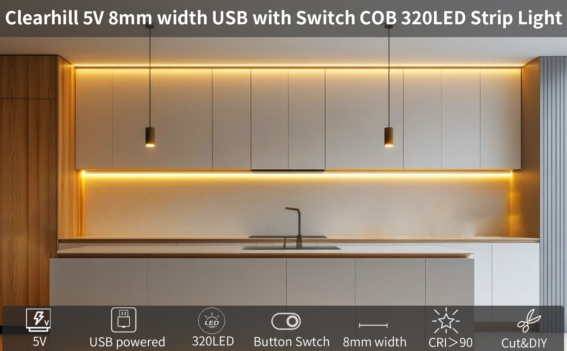 Image of 5V 8mm Width USB COB LED Strip Lights with Switch,Natural White 4000K,320LEDs /M,8W /M,CRI90,16.4FT /5M,Electroplated Double-Sided Panel Light Strip,Waterproof IP20,for Indoor Decoration