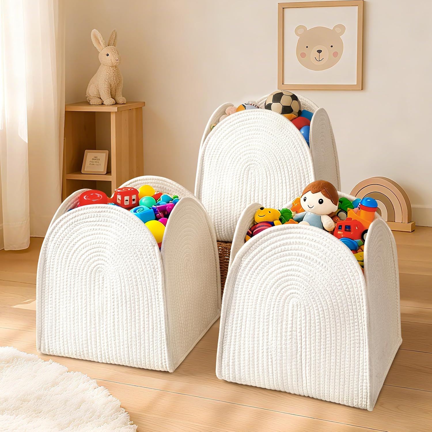 AELS MCM Arched Hand Woven Basket, Mid Century Modern Cube Storage Bins 13x13, Modern Farmhouse Style Closet Organizers and Storage Cubes, Boho Nursery Room Decor Cotton Rope Basket, Cream White