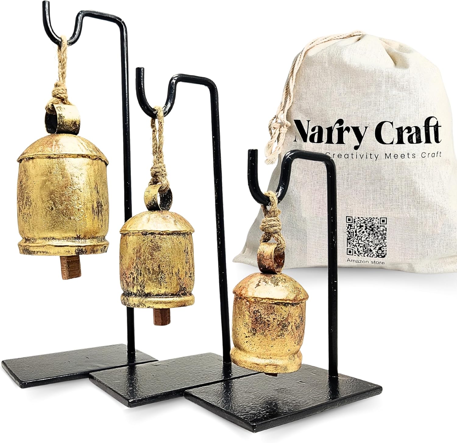 Pack of 3 Golden Bells with Metal Stand in Black Colour in Single Pack, Harmony Cow Bells Christmas Hanging XL Bells On Rope (3, Rectangular)