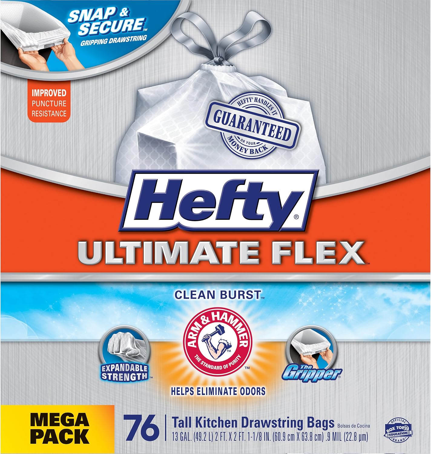 Hefty Ultimate Flex Tall Kitchen Trash Bags, Clean Burst, 76 Count