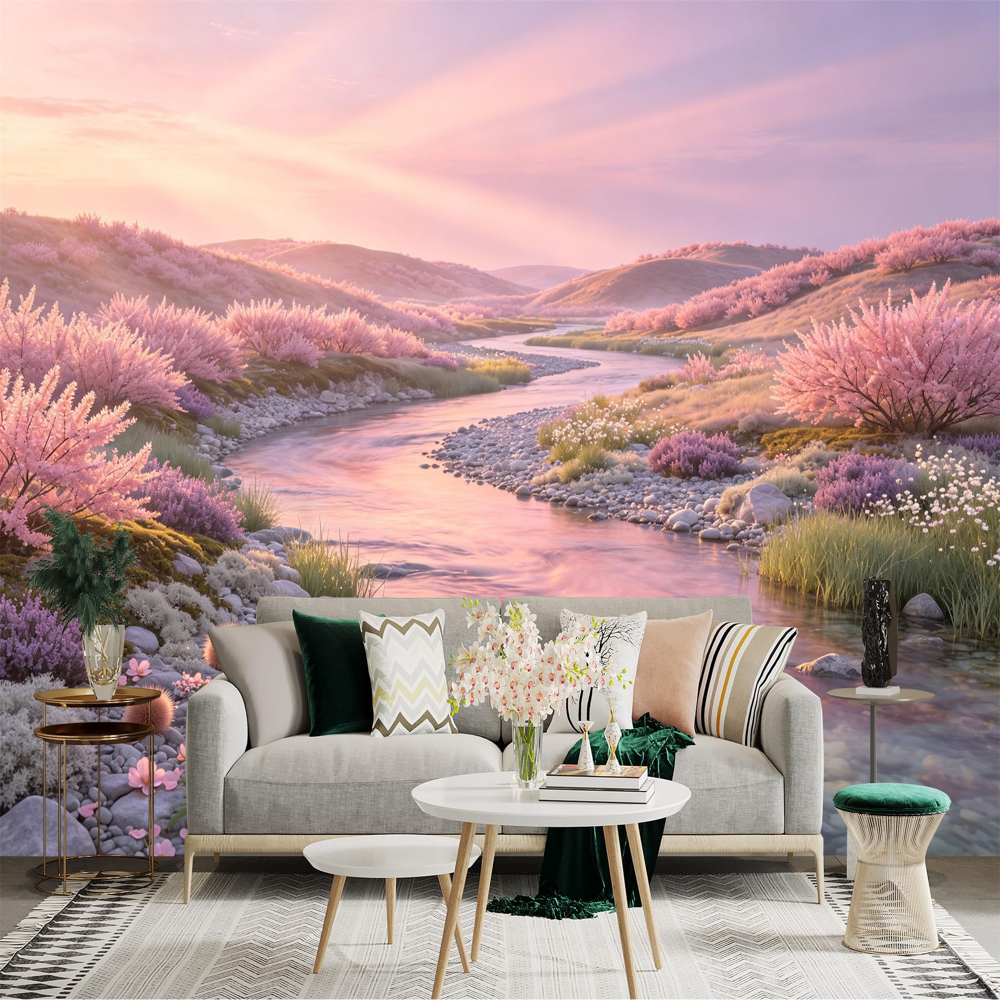 Lnzczhyre Bh260719703 Custom Size Wall Sticker Mural， Pink Spring Blossom Landscape， Flowing River Scene， Serene Nature Scenery， For Wall Decoration， Peelandstick Wall Decals.