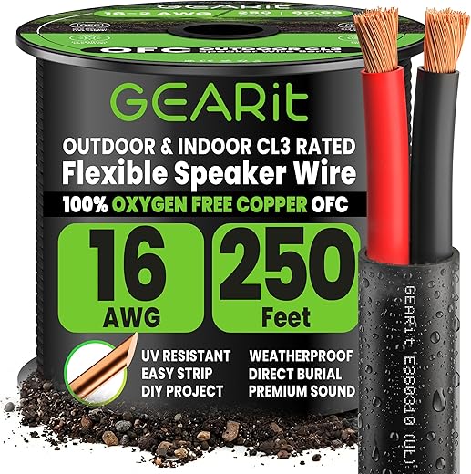 16 AWG CL3 OFC Outdoor Speaker Wire, GearIT Pro Series 16 Gauge (250 Feet / 76.2 Meters/Black) Oxygen Free Copper UL CL3 Rated for Outdoor Direct Burial and in-Wall Installation Speaker Cable