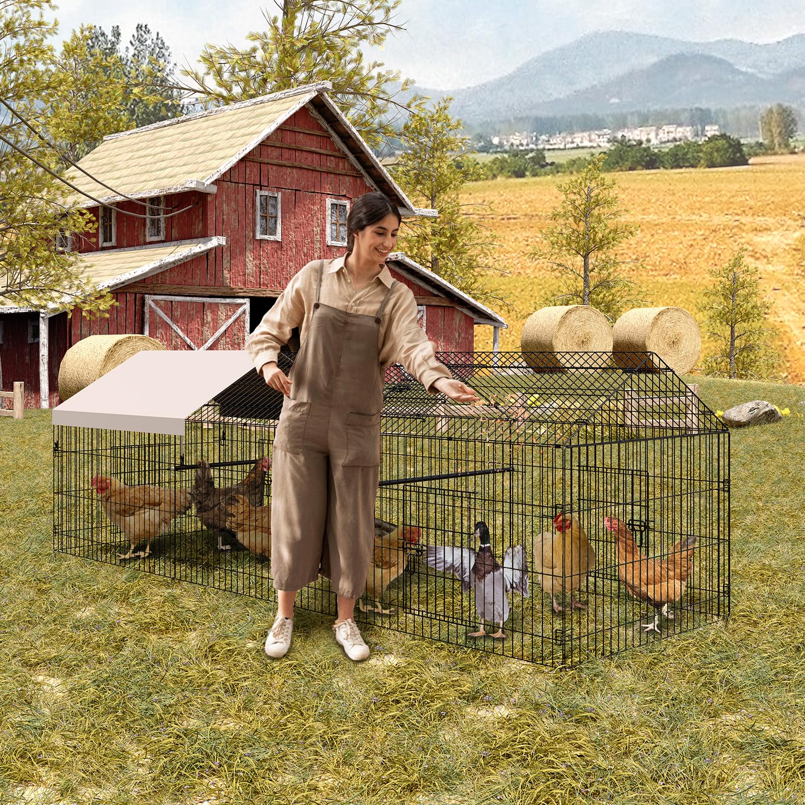 Hühnerstall aus Metall, 3,3x1x1m Großer Freilaufgehege mit Sicherheitsschloss & Wasserdichtes Dachabdeckung, Freigehege mit 4 Türen & 1 Fenster, Hühnerhaus Outdoor für Vogelkäfig & Weitere Kleintiere