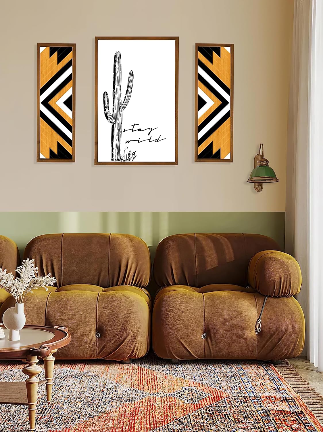 flangairy Cactus Wall Art, Wood Western Wall Decor, Black White Boho Southwestern Aztec Desert Artwork Framed, Living Room Neutral Southwest Home Decorations