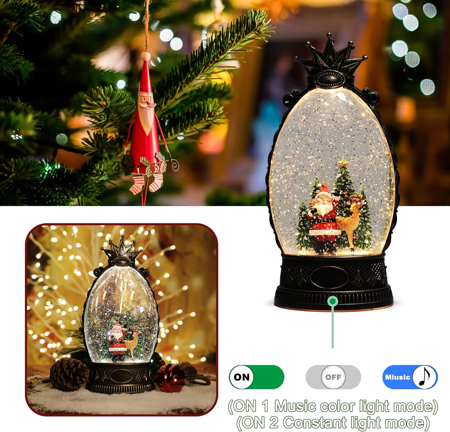 LAMPHOME Christmas Snow Globe with Music and Lights, Christmas Tree Ornament Decorative Snow Globe
