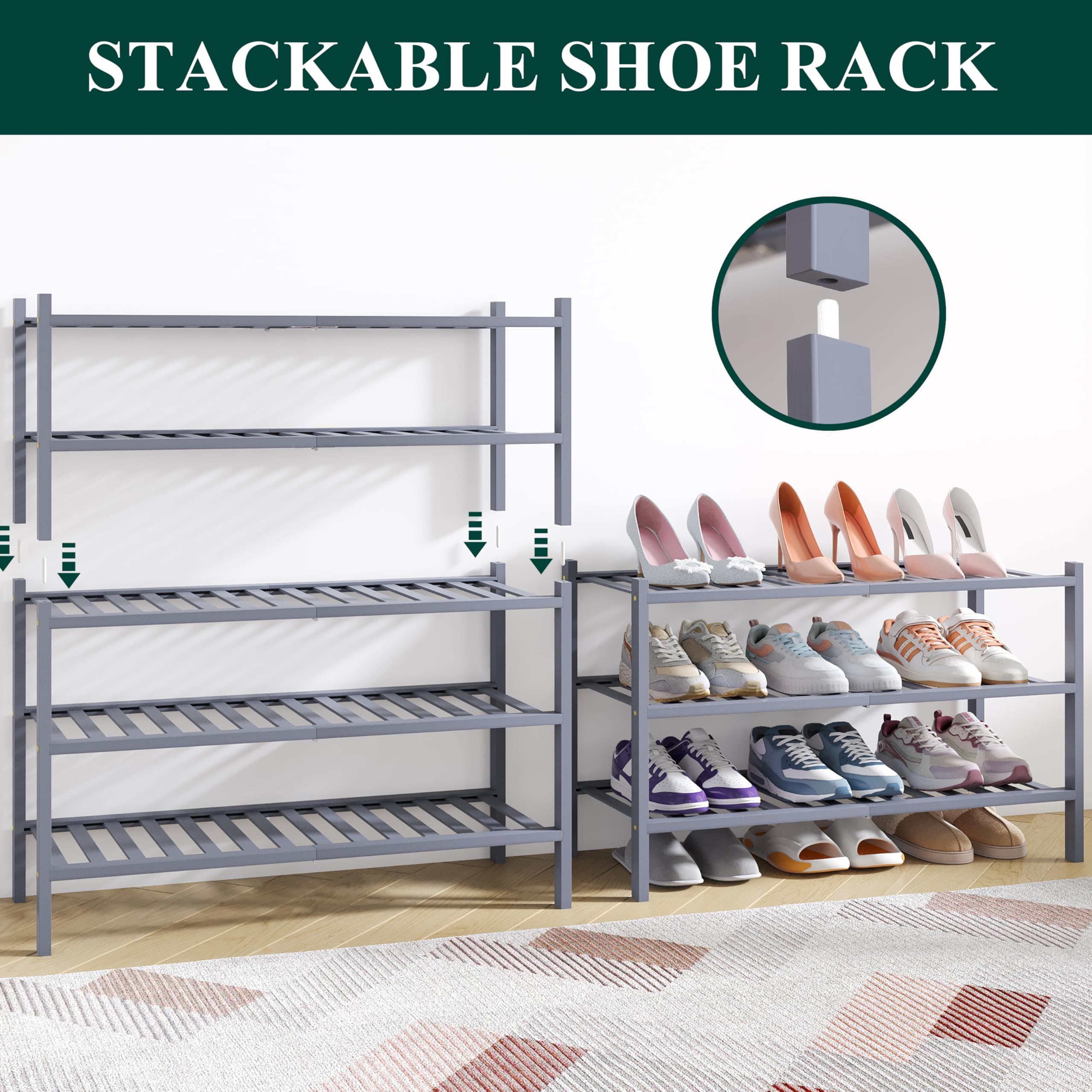 smiry Schuhregal aus Bambus, Schuhregal Platzsparend mit 5 Ebenen, Erweiterbar Stapelbar Shoe Rack, Schuhablage für Flur,Wohnzimmer, Schlafzimmer, Badezimmer, Grau