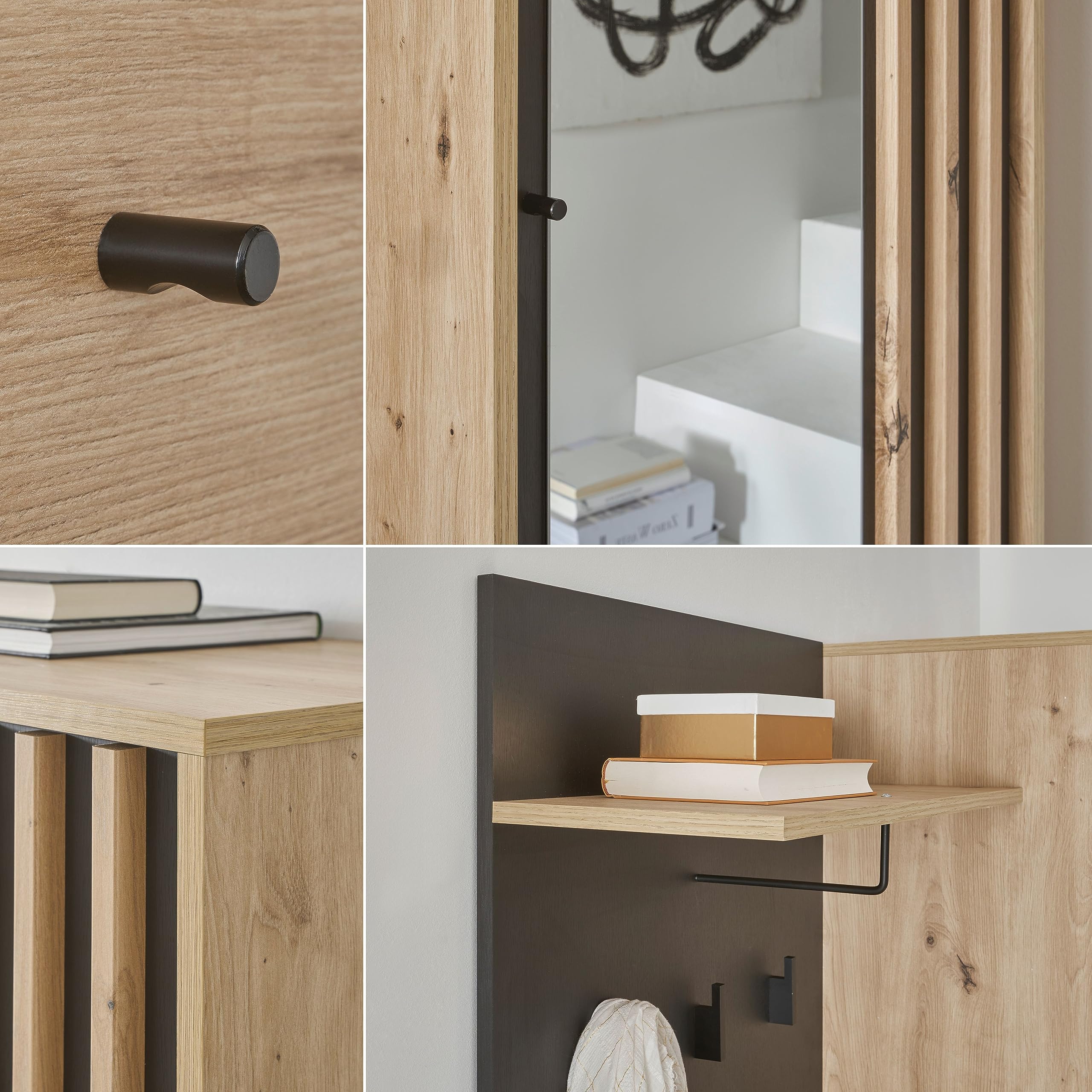 Stella Trading VOLANO Flurgarderoben Set in Artisan Eiche Optik, Schwarz - Moderne Kompaktgarderobe mit Spiegel für Ihren Eingangsbereich - 114 x 197 x 40 cm (B/H/T)