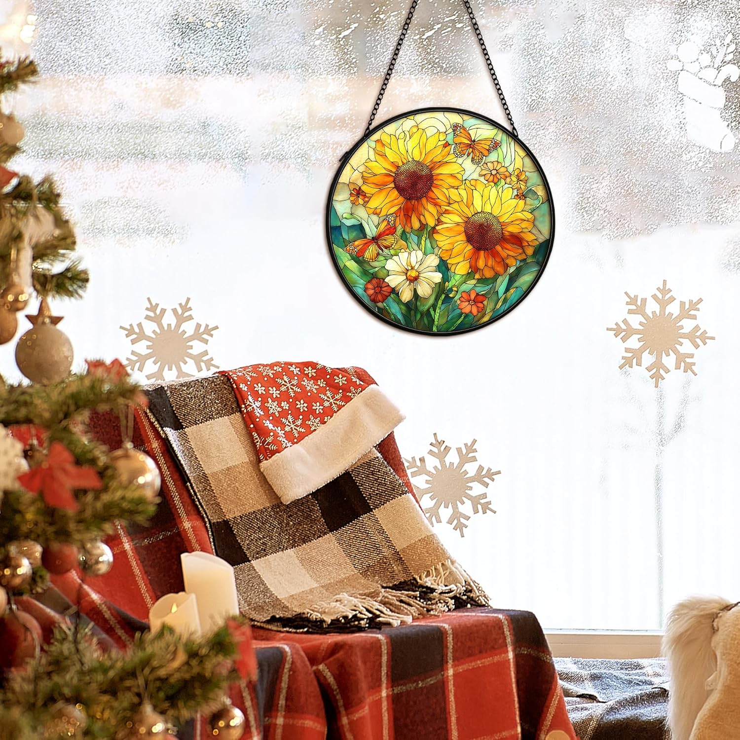 Sunflower Suncatcher Stained Glass Window Hanging Decor, Butterfly Sunflower Cottagecore Stained Glass Wall Decor, Floral Wildflower Lawn Garden Sun Catchers Window Hanging Wall Art, 7.9x7.9 In