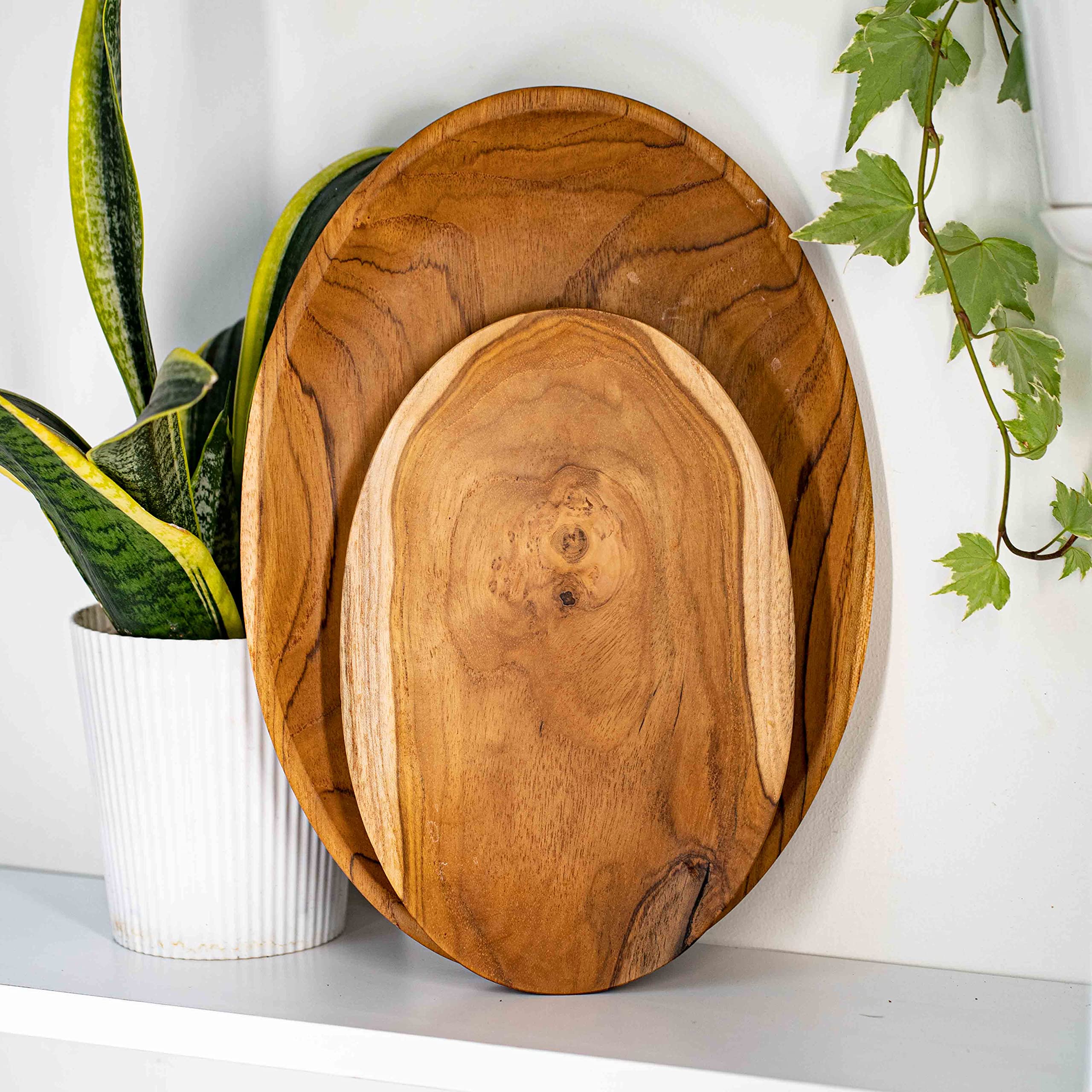 Rainforest Bowls Owalny talerz z drewna tekowego, duży, 2 sztuki, do jedzenia i dekoracji, dekoracyjny talerz kuchenny do jedzenia, serwowania, ręcznie robiona rustykalna zastawa stołowa z Indonezji