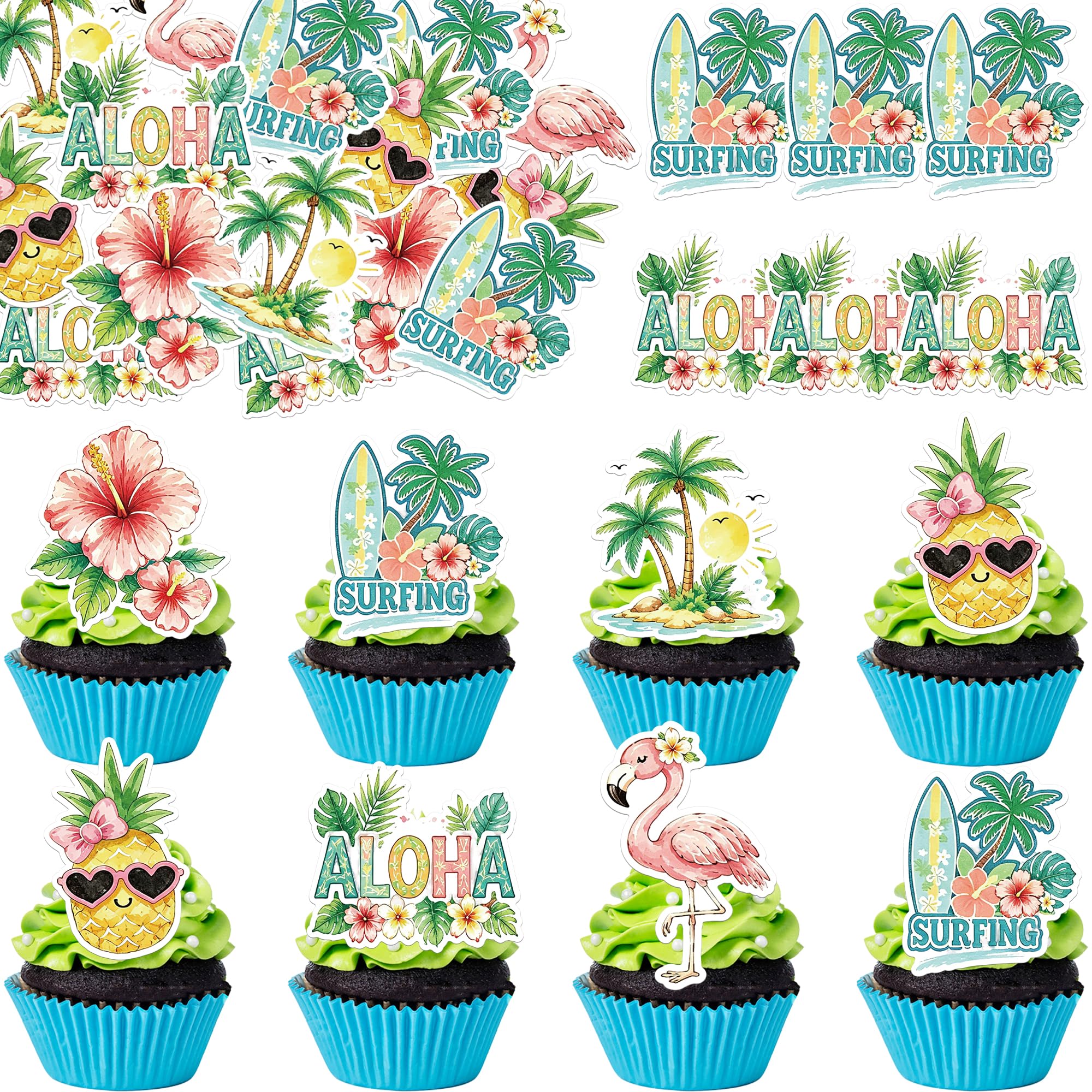 60 Pack Edible Flamingo Cupcake Toppers Wafer Paper Palm Tree Flower Leaves Surfboard Pineapple Tropical Aloha Luau Cupcake Picks for Summer Hawaiian Theme Birthday Party Cake Decorations Supplies