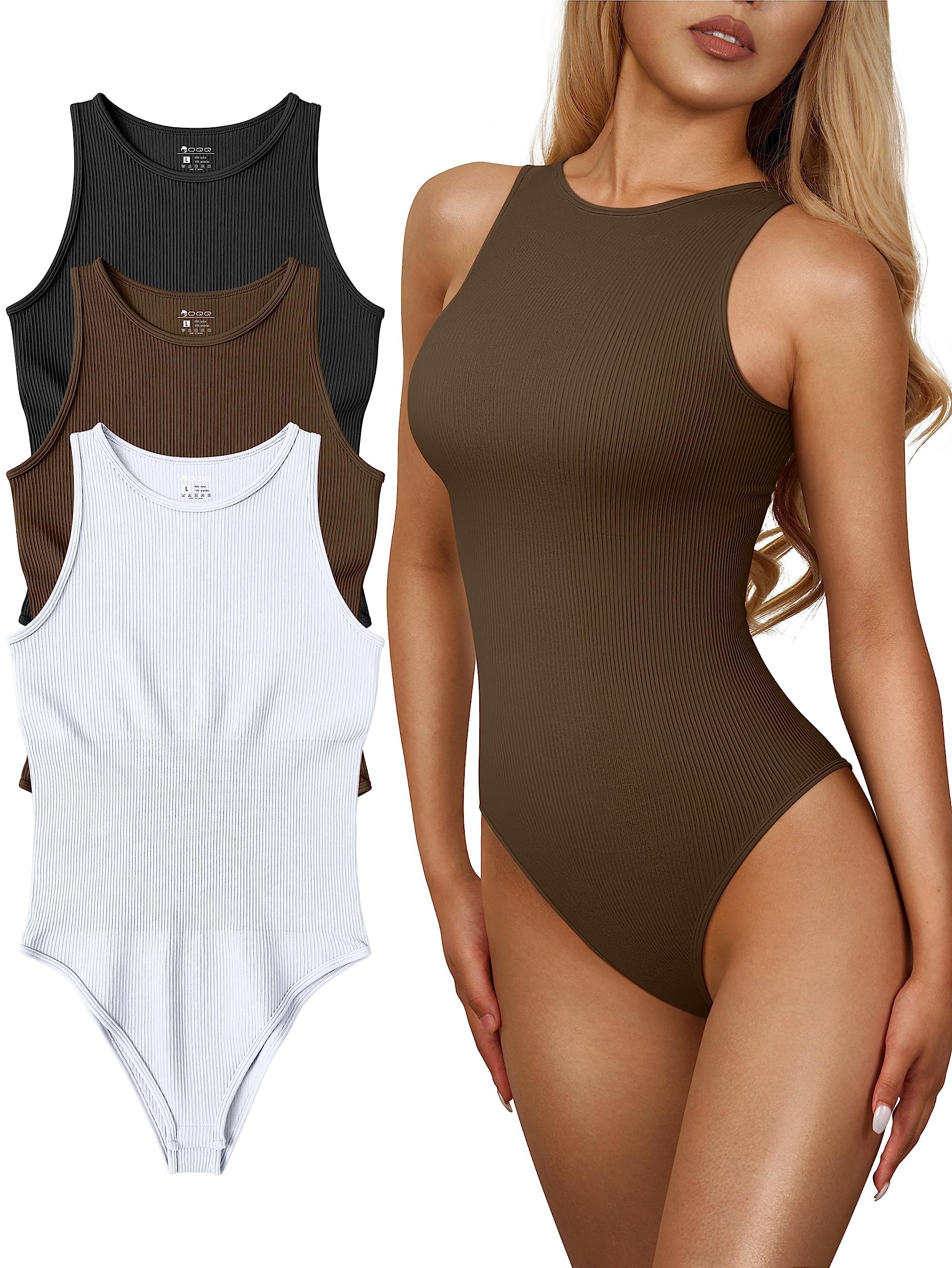 Women Sexy Ribbed One Piece Sleeveless Backless Bodysuit 3 Pieces, Black Coffee White, XL-image-36