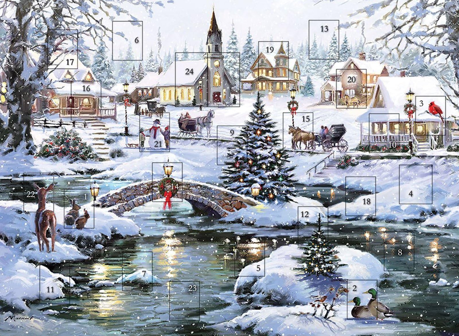 Traditional Advent Calendar Christmas Snow Scene - Glitter Finish 24 Doors