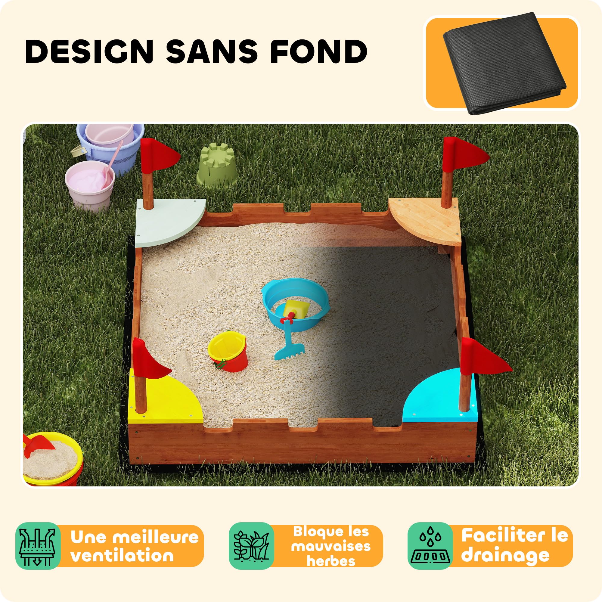 AIYAPLAY Bac à Sable en Bois avec sièges 90 x 90 x 17 cm, Marron | Pour enfants 3-7 ans, drapeaux, thème de la muraille