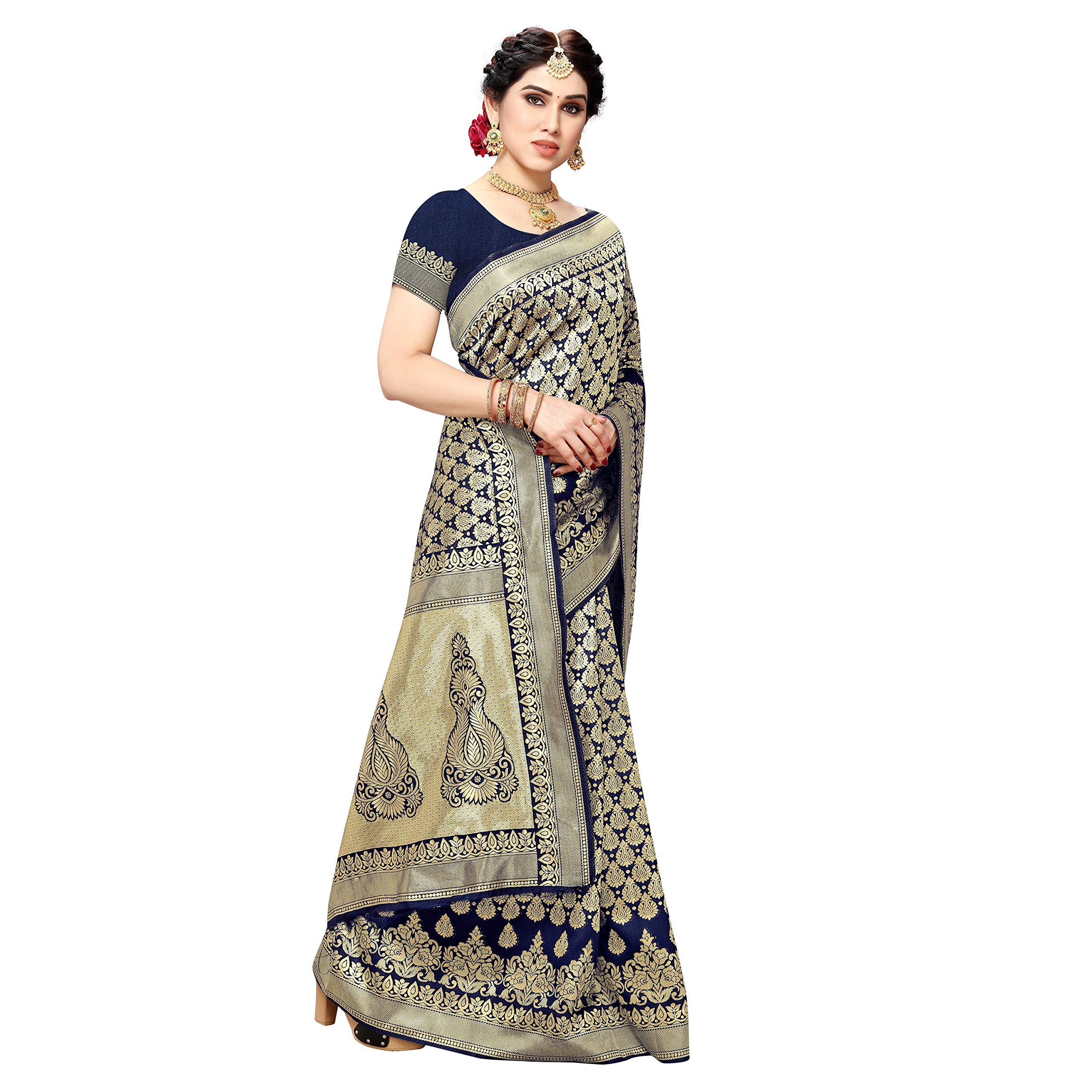 Sidhidata Women's Jacquard Silk Saree with Blouse Piece (T Navy Blue, Pure Silk) 2