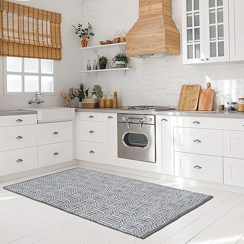 Miniatura 10 de Chardin home Alfombra rústica de 24 x 36 pulgadas, color gris y azul marino, alfombra tejida a mano de algodón reciclado, alfombra larga bohemia,