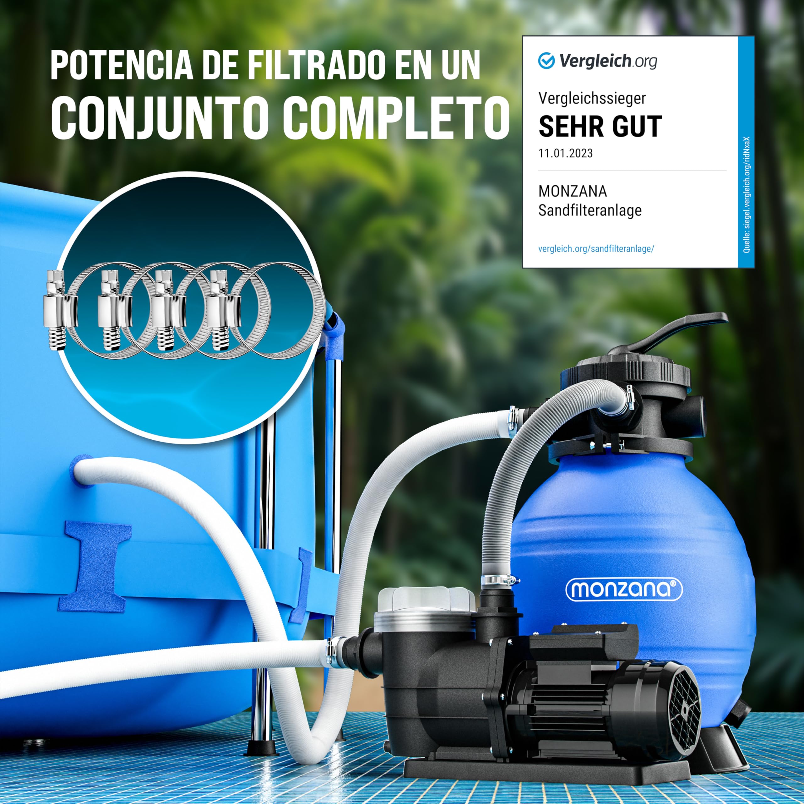 MONZANA® Depuradora Piscina 9.600L/h Filtro de Arena hasta 30.000L con Pre Filtro Válvula 7 Funciones Filtrado 400W Autocebante Adaptador Ø32-38mm Bomba Indicador de Presión