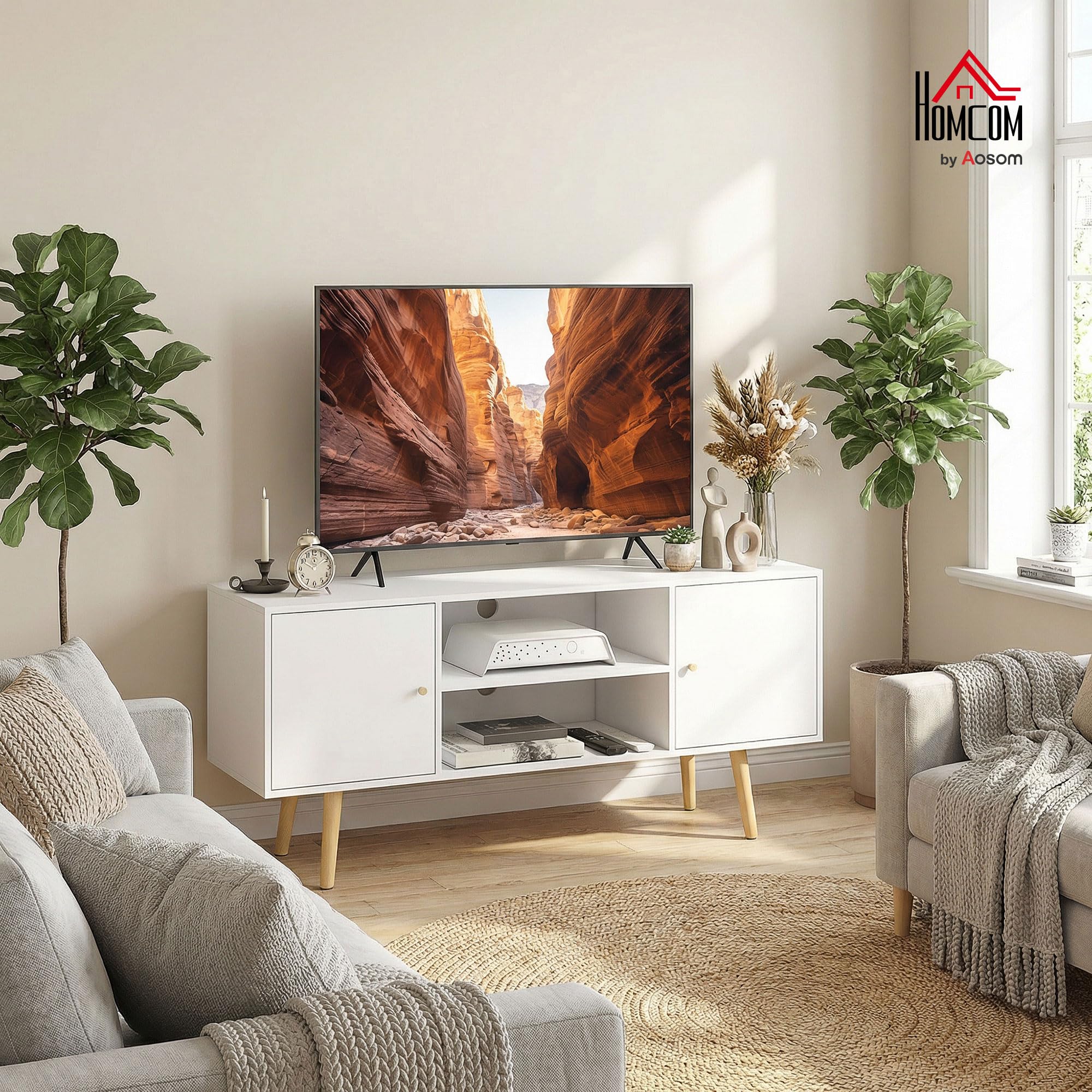 HOMCOM Meuble TV 120 cm, Meuble télé pour téléviseur jusqu'à 55 Pouces avec 2 placards et 2 étagères Ouvertes, Banc TV Moderne pour Salon, Chambre à Coucher, Blanc