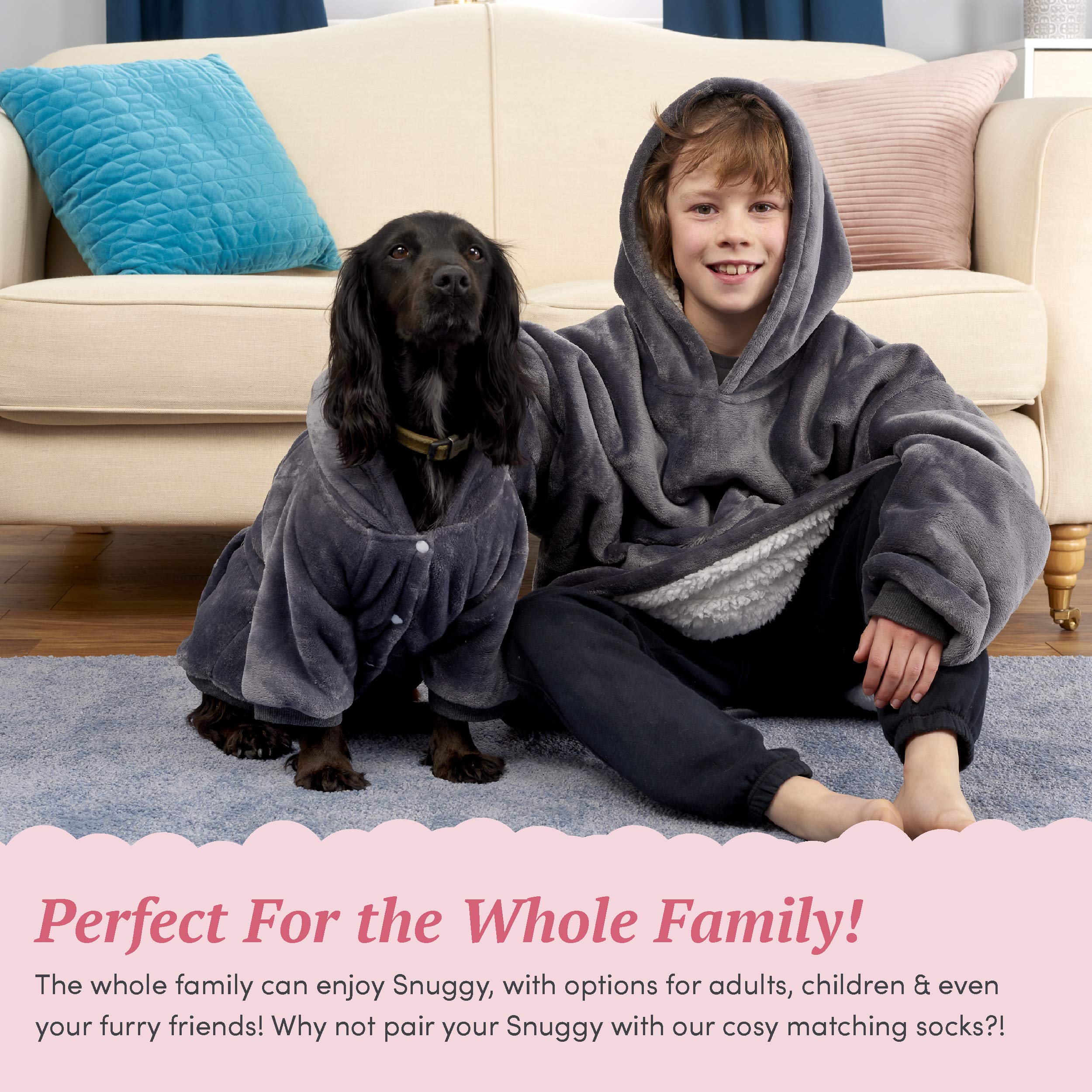 Snuggy Oversized deken met capuchon voor volwassenen, eenheidsmaat, comfortabel, pluizig en warm, met voorzak, hemelsblauw, eenheidsmaat