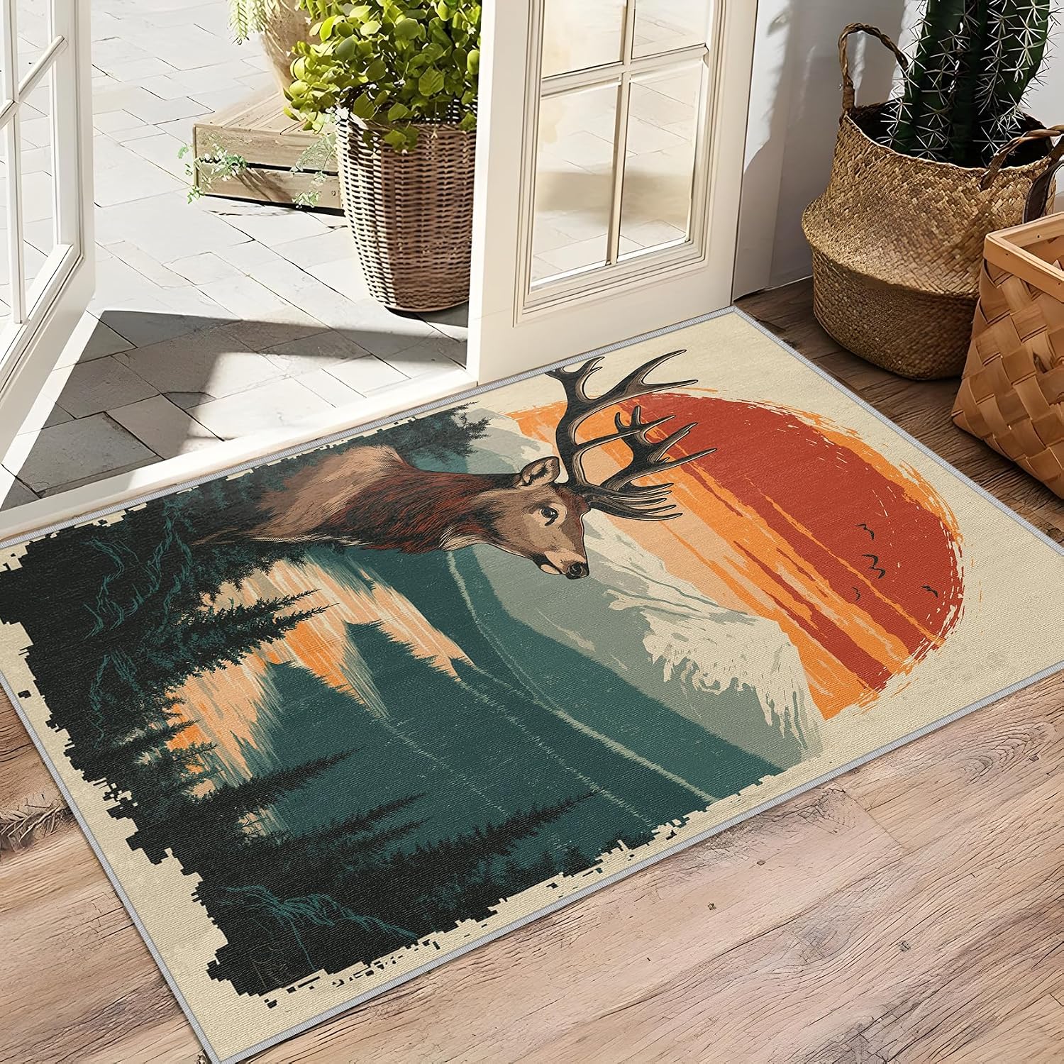 Bear Rugs for Living Room - Bear Rug, 5x7 Rug, Sunset Mountain Landscape Area Rug, Wildlife Animal Carpet, Washable & Non Slip & Soft Large Rugs, Bear Home Decor
