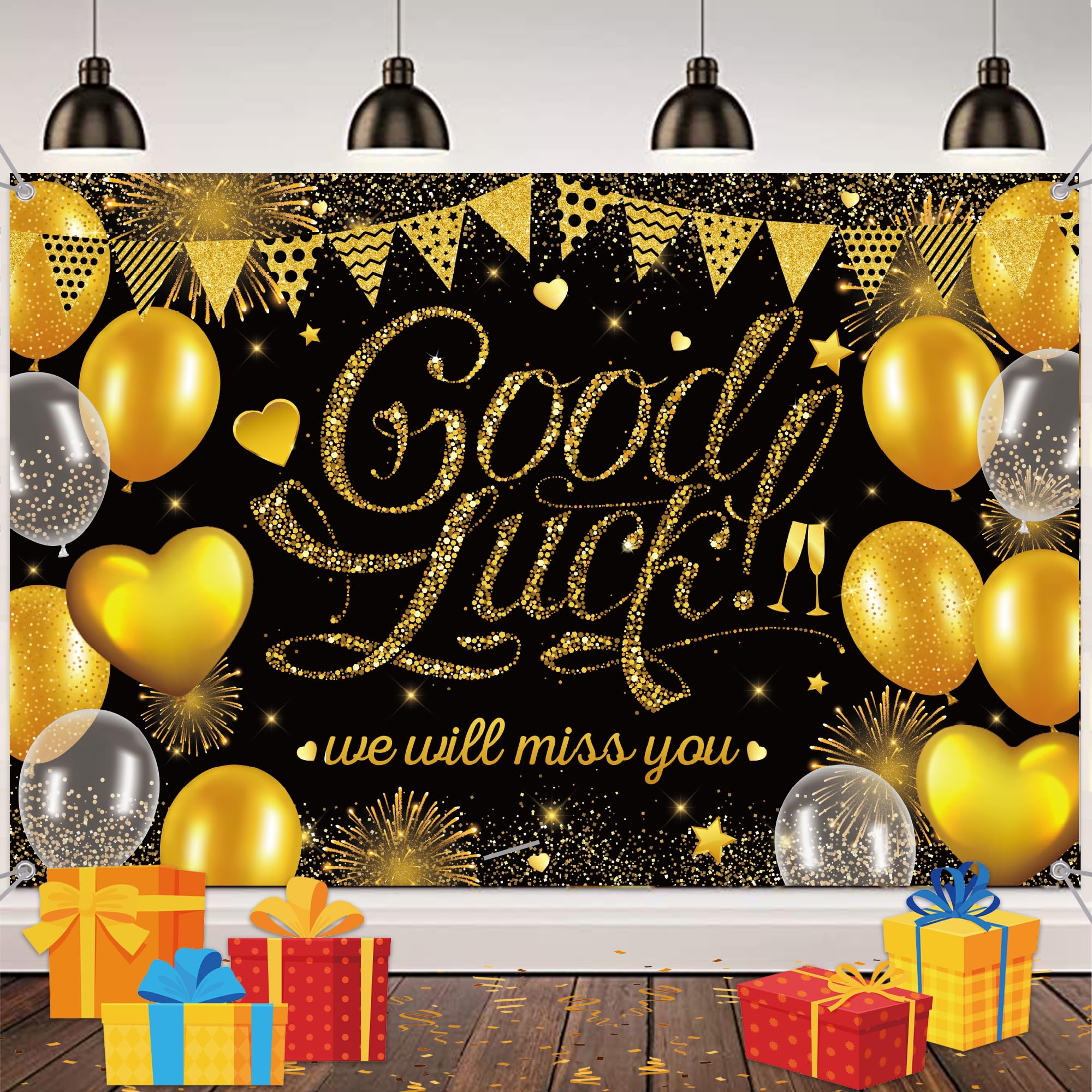 Good Luck Banner Backdrop Decoration - Black Gold We Will Miss You Background Decoration Good Luck 6 x 4 feet Large Size Banner for Retirement Graduation Farewell Party