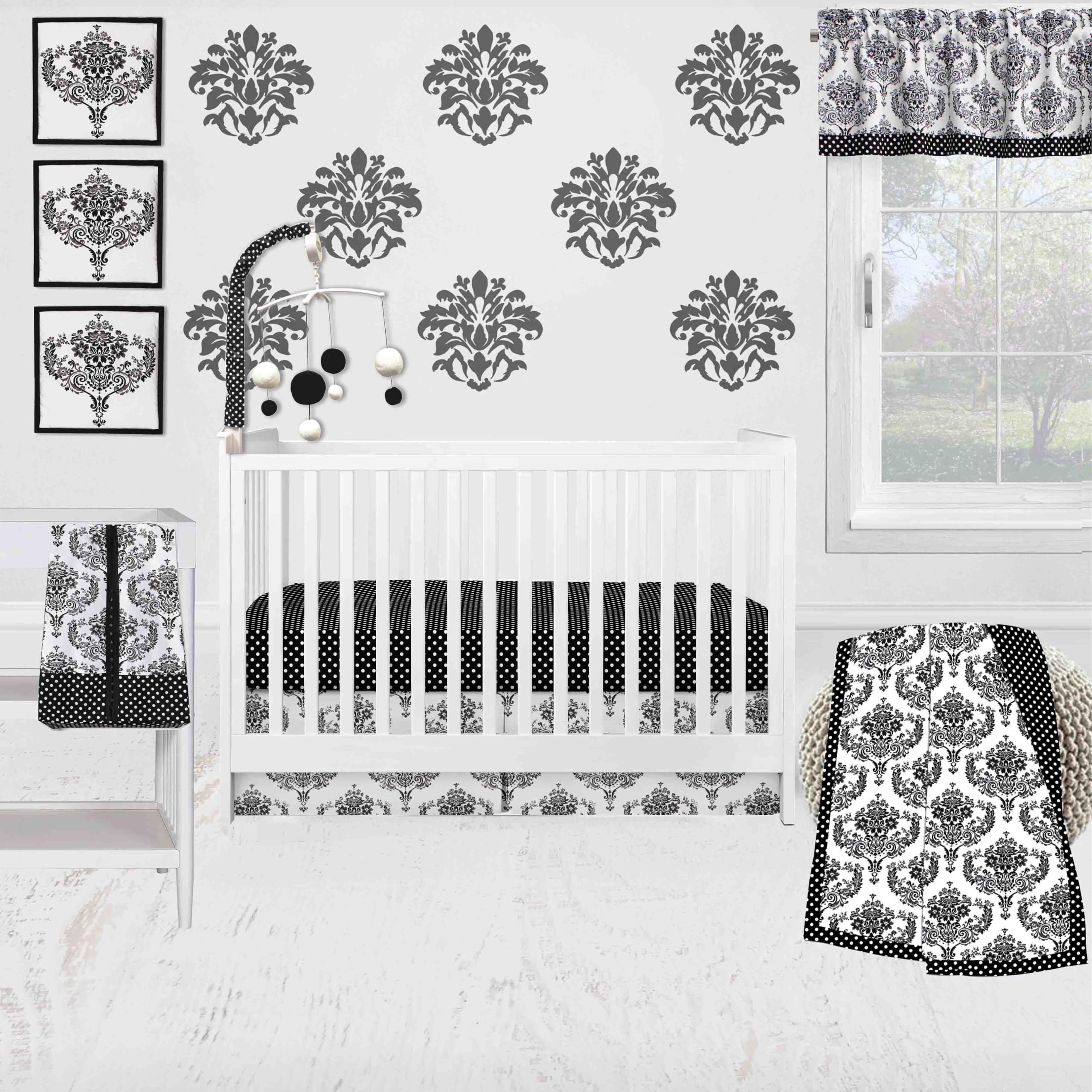 Classic Damask Black/Grey/White Neutral Crib Bedding Set 10 pc Crib Bedding Set with 2 Crib Fitted Sheets