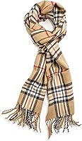 VERONZ Super Soft Cashmere Feel Winter Scarf - Camel Beige Tan Plaid, 72x12 Unisex with Fringes