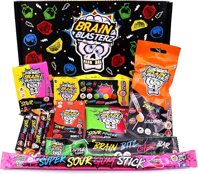 Pudełko na słodycze Brain Blasterz | Twarde Sour Candy, Brain Breakerz, Brain Bitz, Batony do Żucia i Więcej Kwaśnych Cukierków | Jabłko, Truskawka, Arbuz, Cola i Więcej | Prezent urodzinowy Prezent