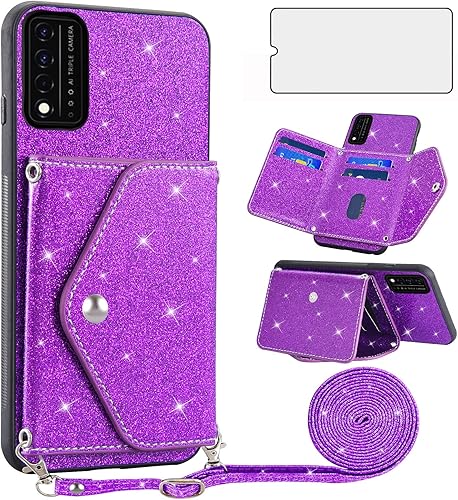 Asuwish Funda para teléfono T-Mobile Revvl V+ 5G con protector de pantalla y correa cruzada, tarjetero con purpurina brillante para Tmobile RevvlV+