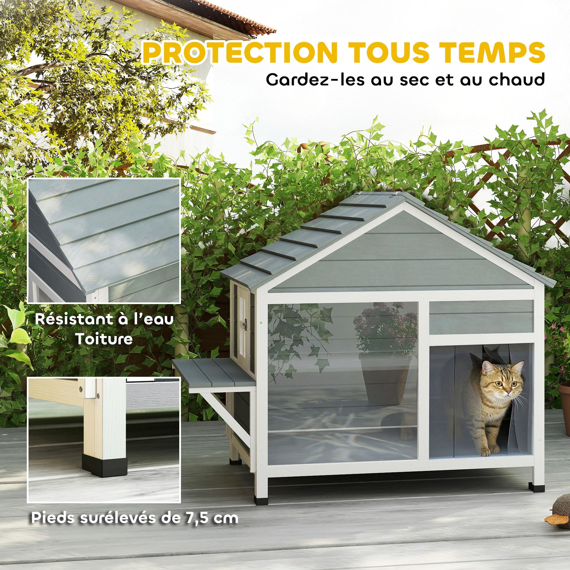 PawHut Maison pour Chat en Bois Toit Ouvrant Fenêtre 101x72,5x81cm Gris