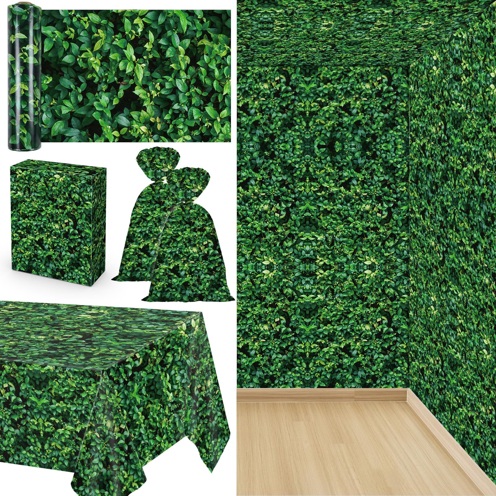 Green Leaves Tablecloth Roll Jumbo Greenery Leaf Plastic Table Covers Roll Green Leaves Disposable Table Cloth Greenery Backdrop for Baby Shower