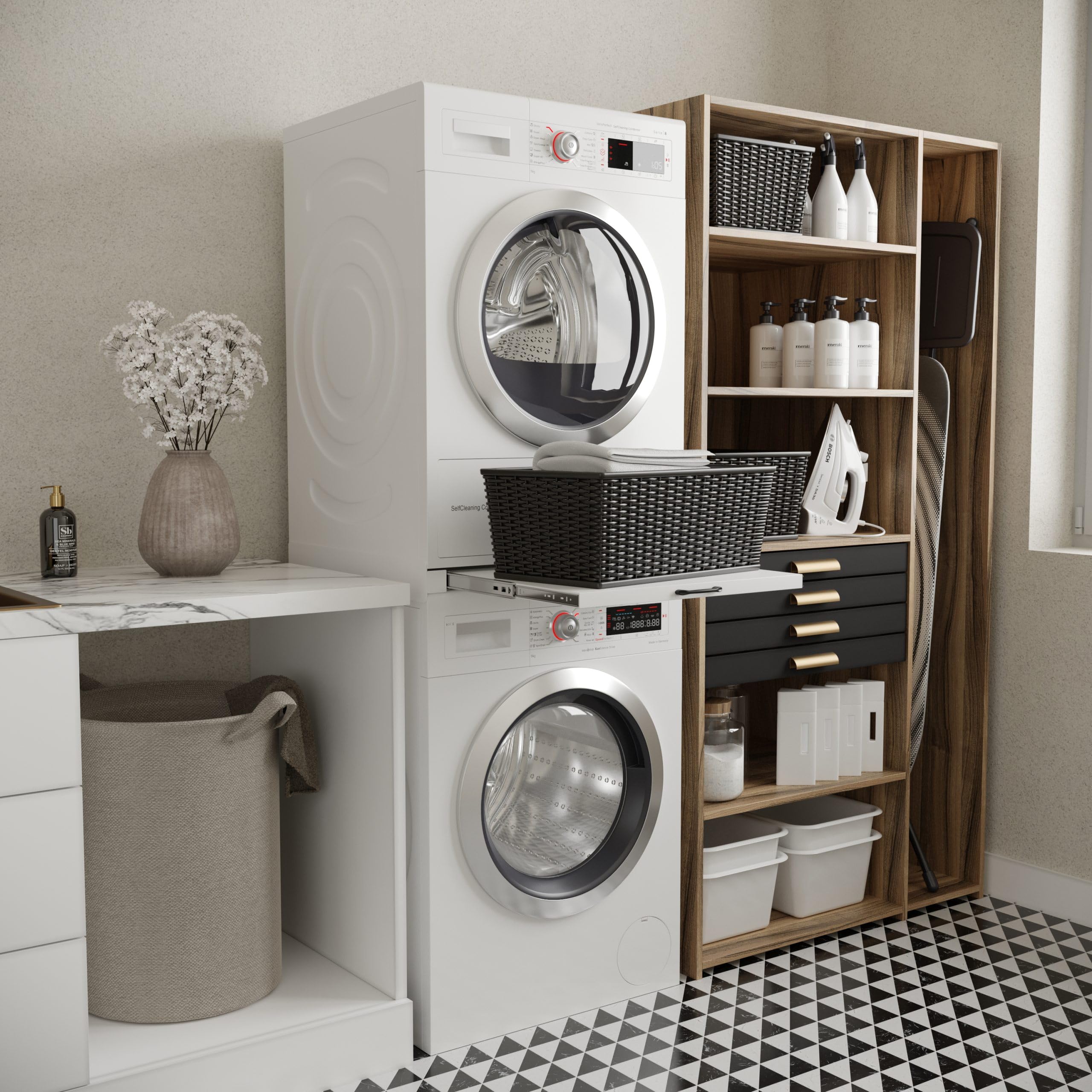 Tectake® Wasmachine En Droger Verbindingsframe Universele Stapelkit Verbindingsset Voor Wasdroger Met Schuimrubberkussens Verstelbaar Tussenstuk Inclusief Spanband 1583979516