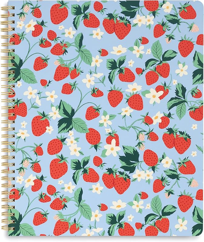 ban.do Large Floral Spiral Notebook, Strawberry Fields | 11" x 9" Fruit Theme Blue Rough Draft Journal with 160 College Ruled Perforated Pages, Pocket, and Rounded Corners
