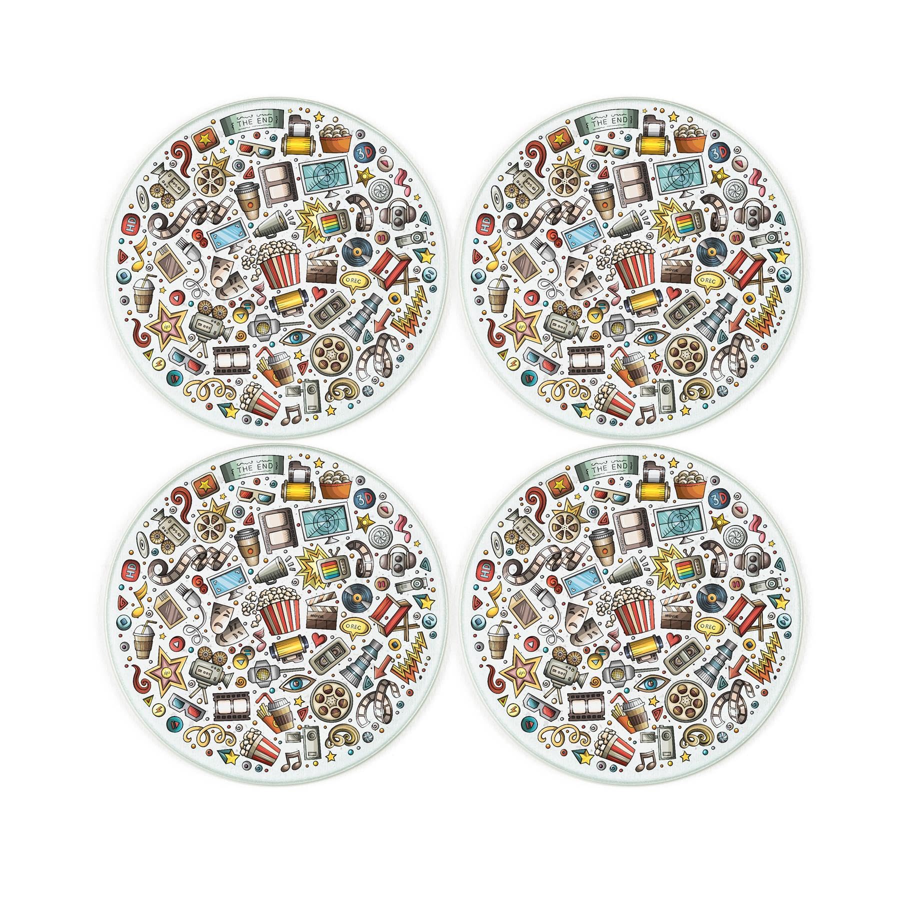 Cinema Montage Coaster Set - Round Glass Retro Film Movie Gift - Set of Four (4) Drinks Coasters