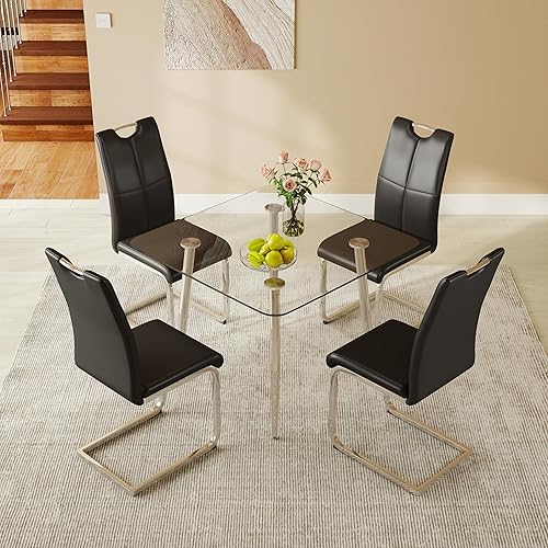 Miniatura 3 de Juego de mesa de comedor cuadrada de vidrio de 36 pulgadas con 4 sillas tapizadas de piel sintética con respaldo alto, diseño moderno de patas