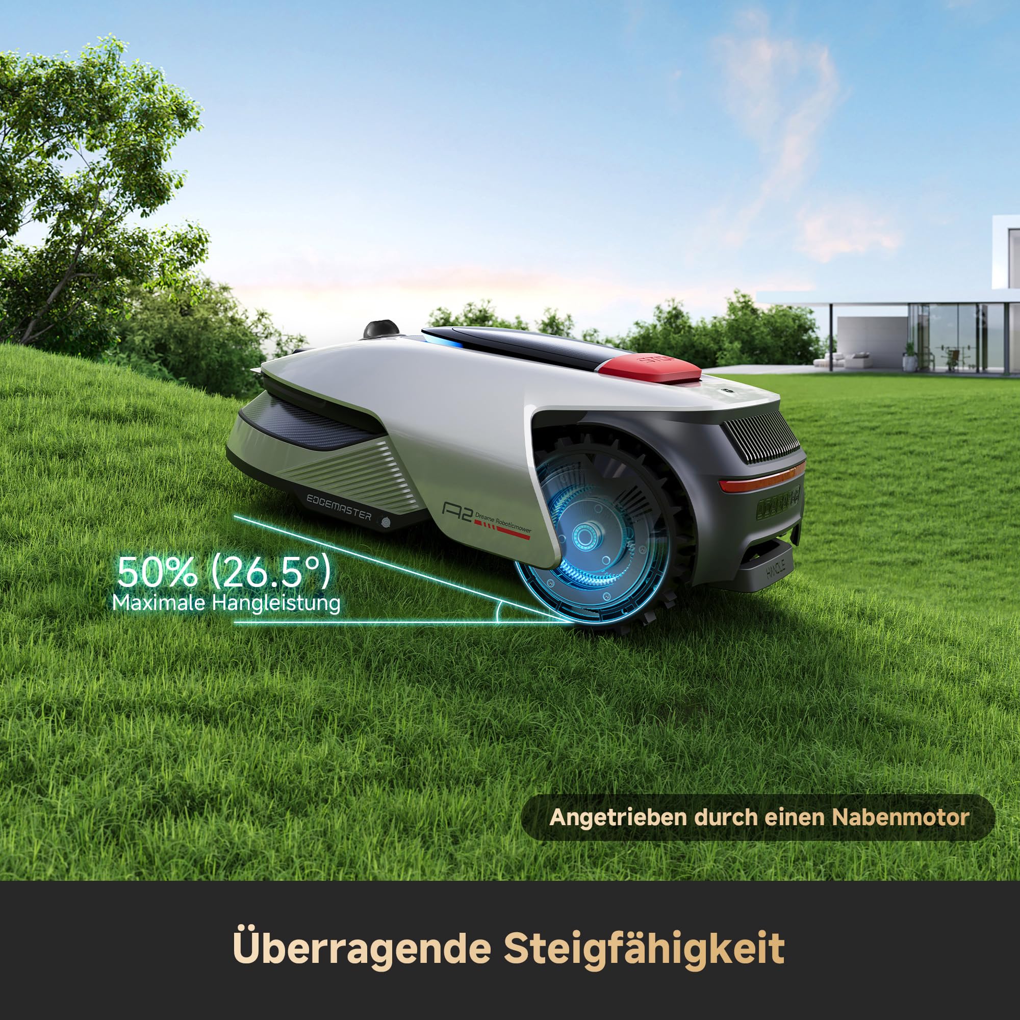 DREAME A2 1200 Mähroboter – kabellos ohne RTK, für Flächen bis zu 1200 m², mit 360° 3D-LiDAR & KI-Vision, Steigfähigkeit bis zu 50% (26,5°), u-förmiger Mähpfad, 5 cm EdgeMaster-Präzisionsschnitt