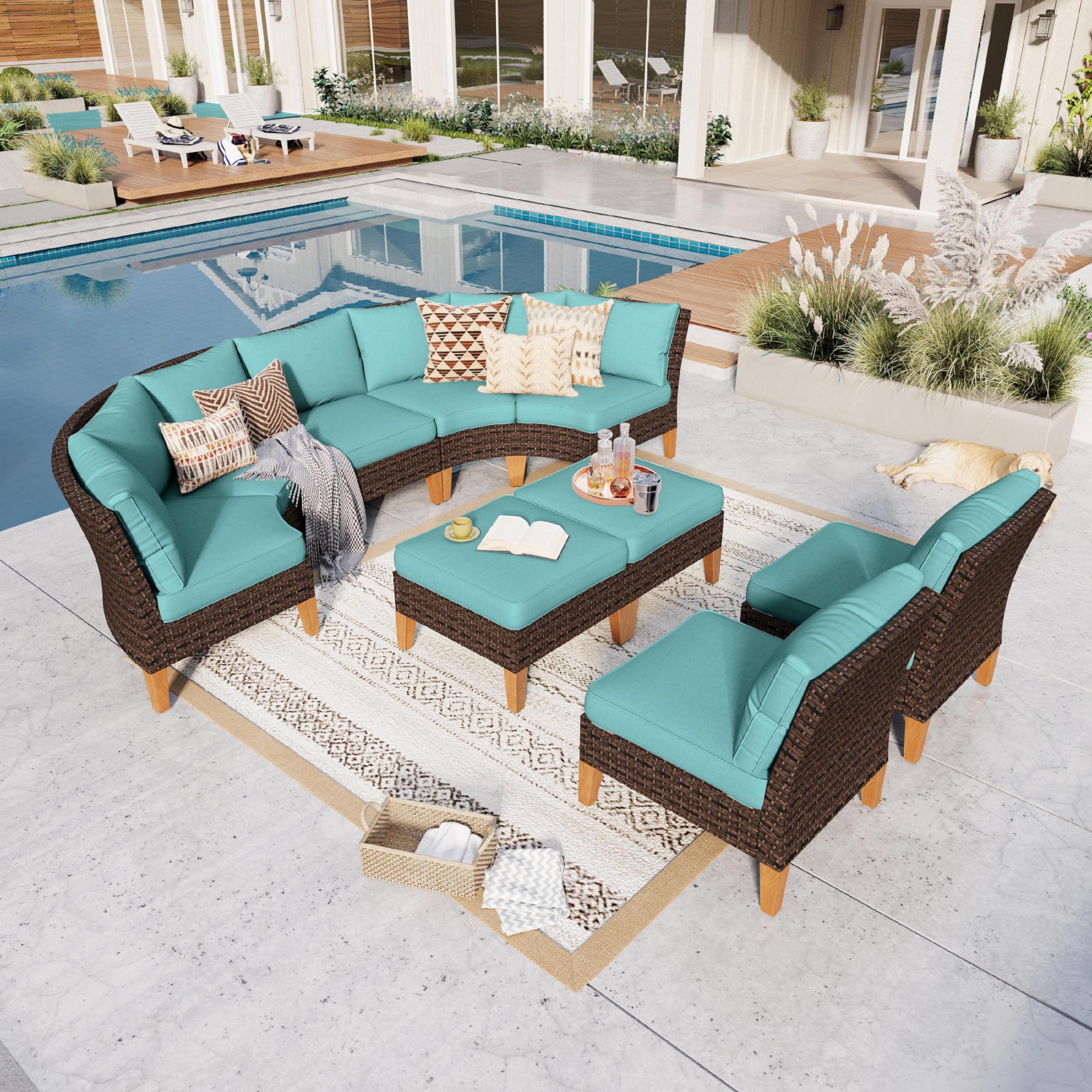 GREEN PARTY 9 Pieces Wicker Patio Furniture Set, All-Weather Outdoor Rattan Half-Moon Curved Patio Sectional Sofa Conversation Set with 4" Thick