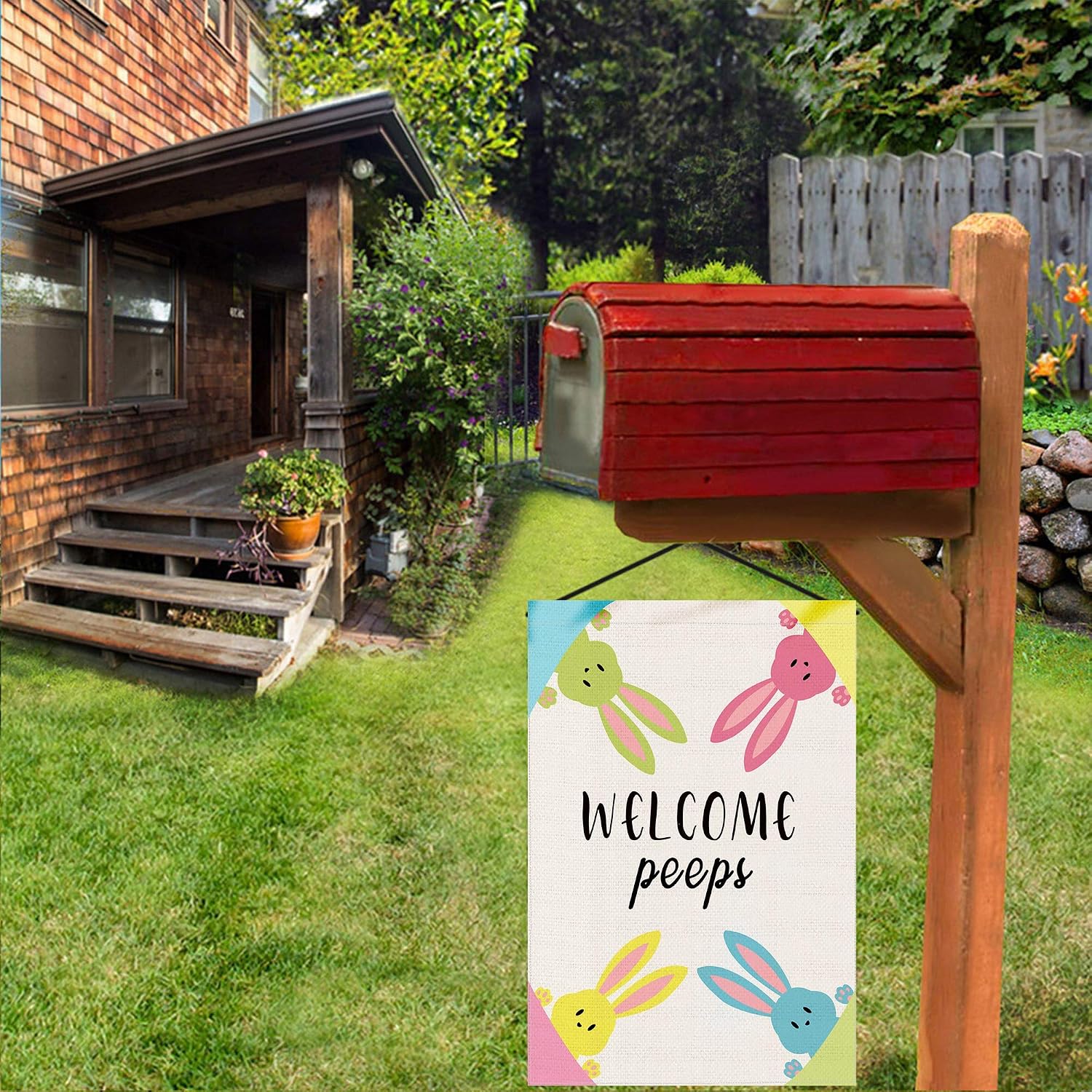Hexagram Welcome Peeps Easter Garden Flag,Burlap Easter Yard Flag Double Sided,Outdoor Cute Bunny Peeps Small Garden Flag 12x18 Prime,Welcome Farmhouse Decoration