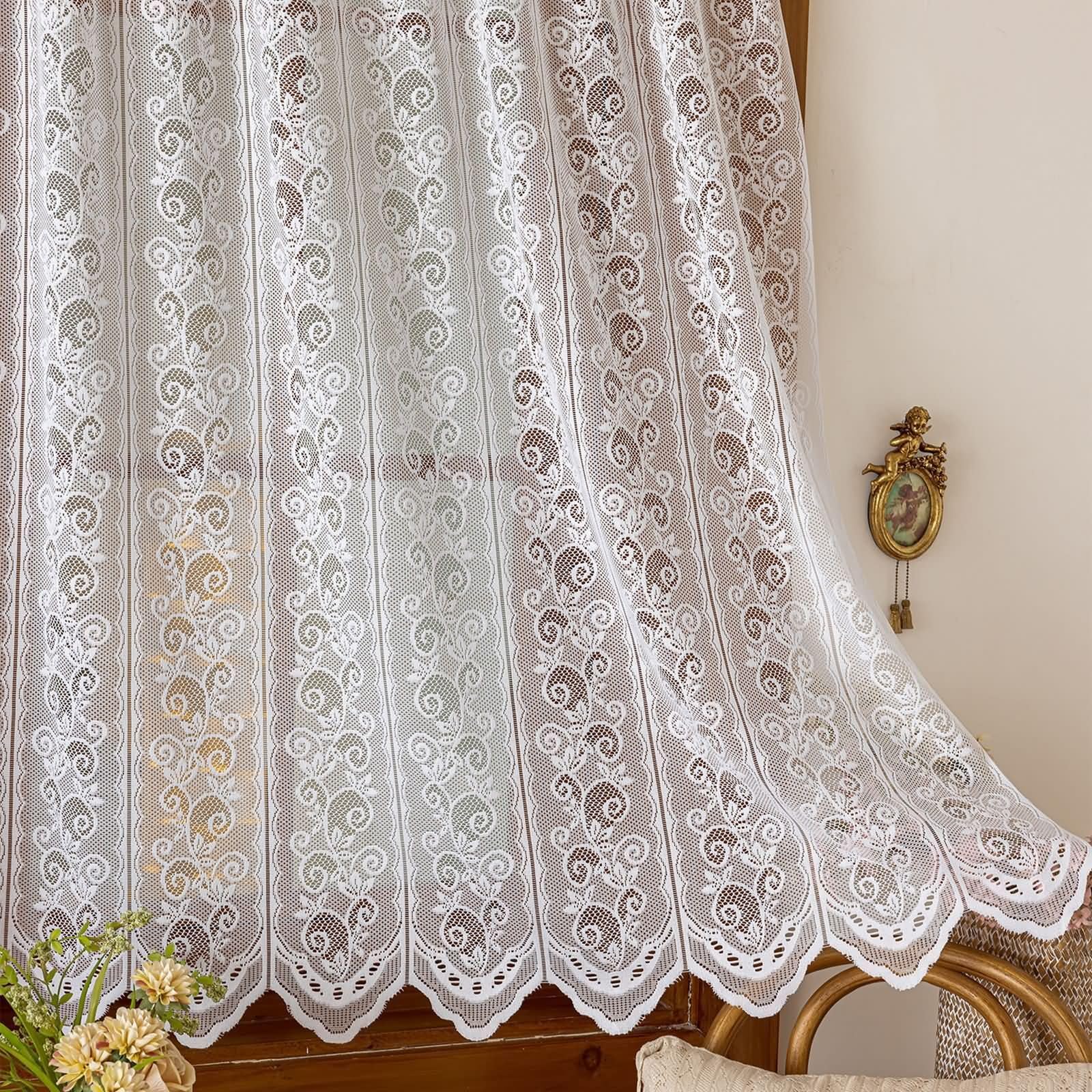 Zasłona Krótka Okno 140 cm Długość 1 Panel Pręt Kieszeń | Gałęzie Haft Koronkowy, Miękki Trwały Poliester, Filtrowanie Światła, Biały, 228 x 150 cm