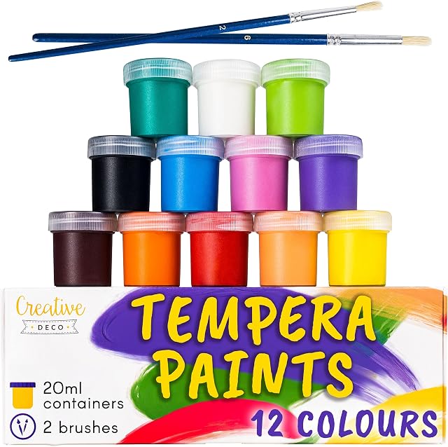 Creative Deco Tempera Paint Set Poster Paint for Kids | 20 ml x 12 Pots | Children Toddlers Washable Paints | Basic Vibrant Pigmented Art Colours | Safe & Non-Toxic | Extra Coverage & Matte Finish